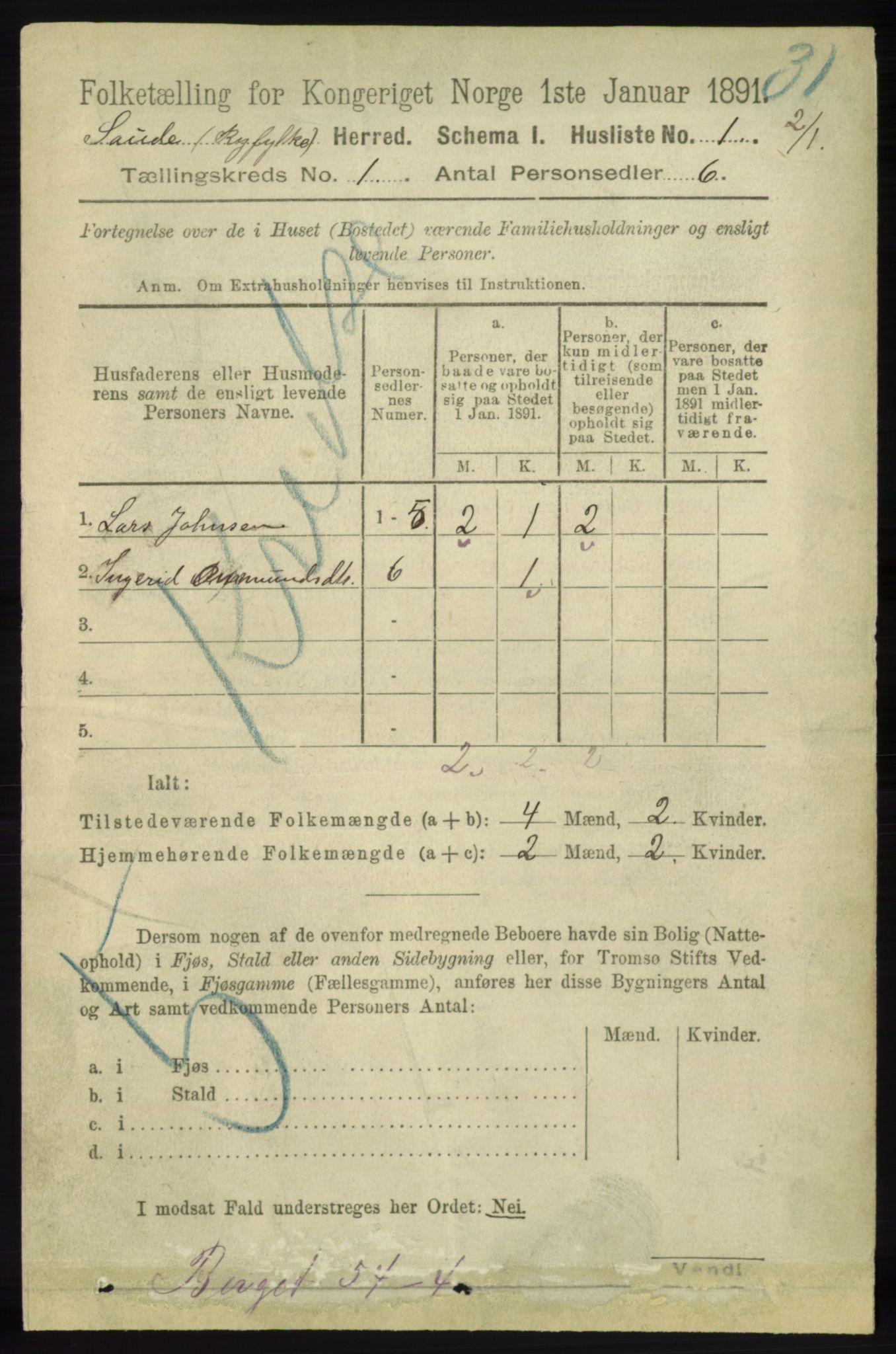 RA, Folketelling 1891 for 1135 Sauda herred, 1891, s. 18