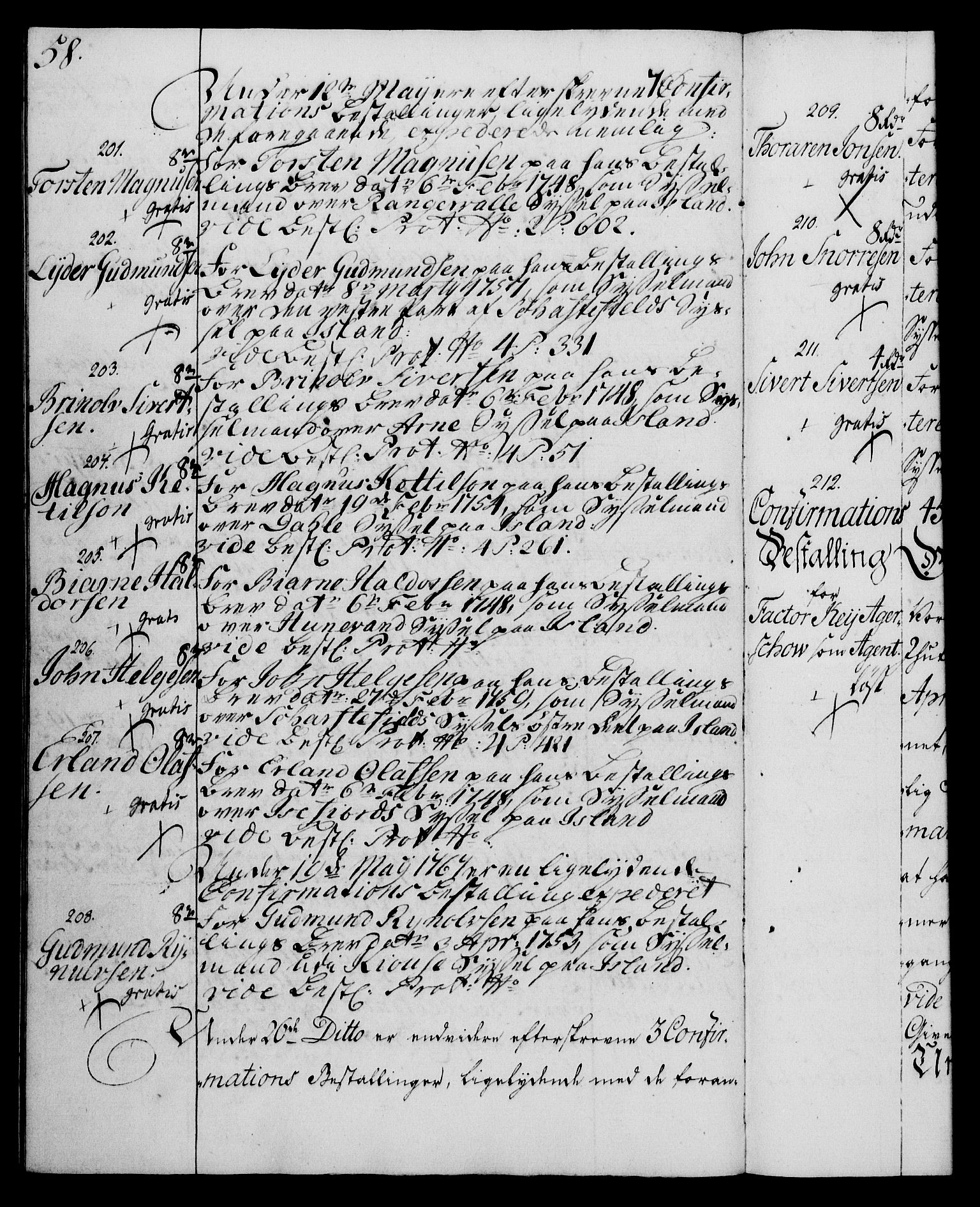Rentekammeret, Kammerkanselliet, RA/EA-3111/G/Gg/Ggg/L0003: Norsk konfirmasjonsbestallingsprotokoll med register (merket RK 53.33), 1766-1772, s. 58