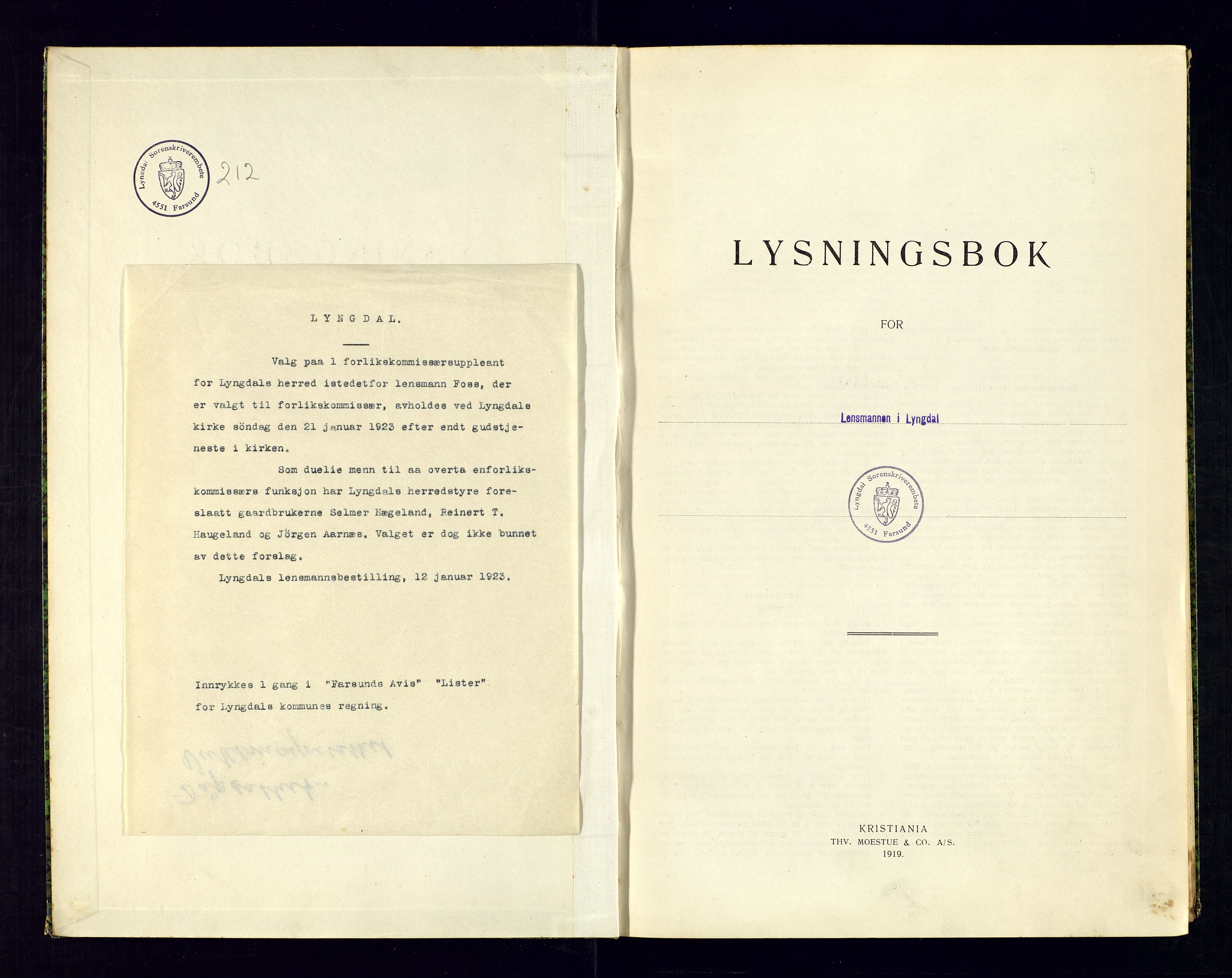 Lyngdal sorenskriveri, SAK/1221-0004/L/Ld/L0009/0001: Lysing og vigsel / Lysingsbok, 1920-1922