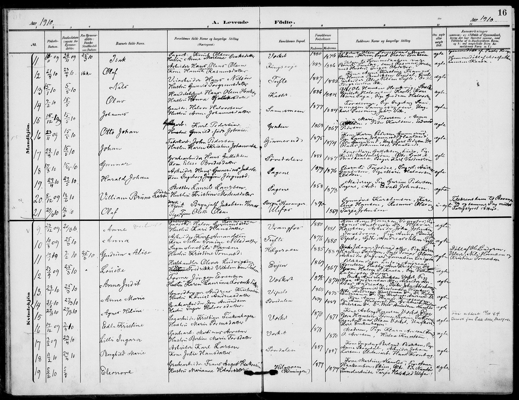 Holla kirkebøker, AV/SAKO-A-272/F/Fa/L0012: Ministerialbok nr. 12, 1907-1923, s. 16