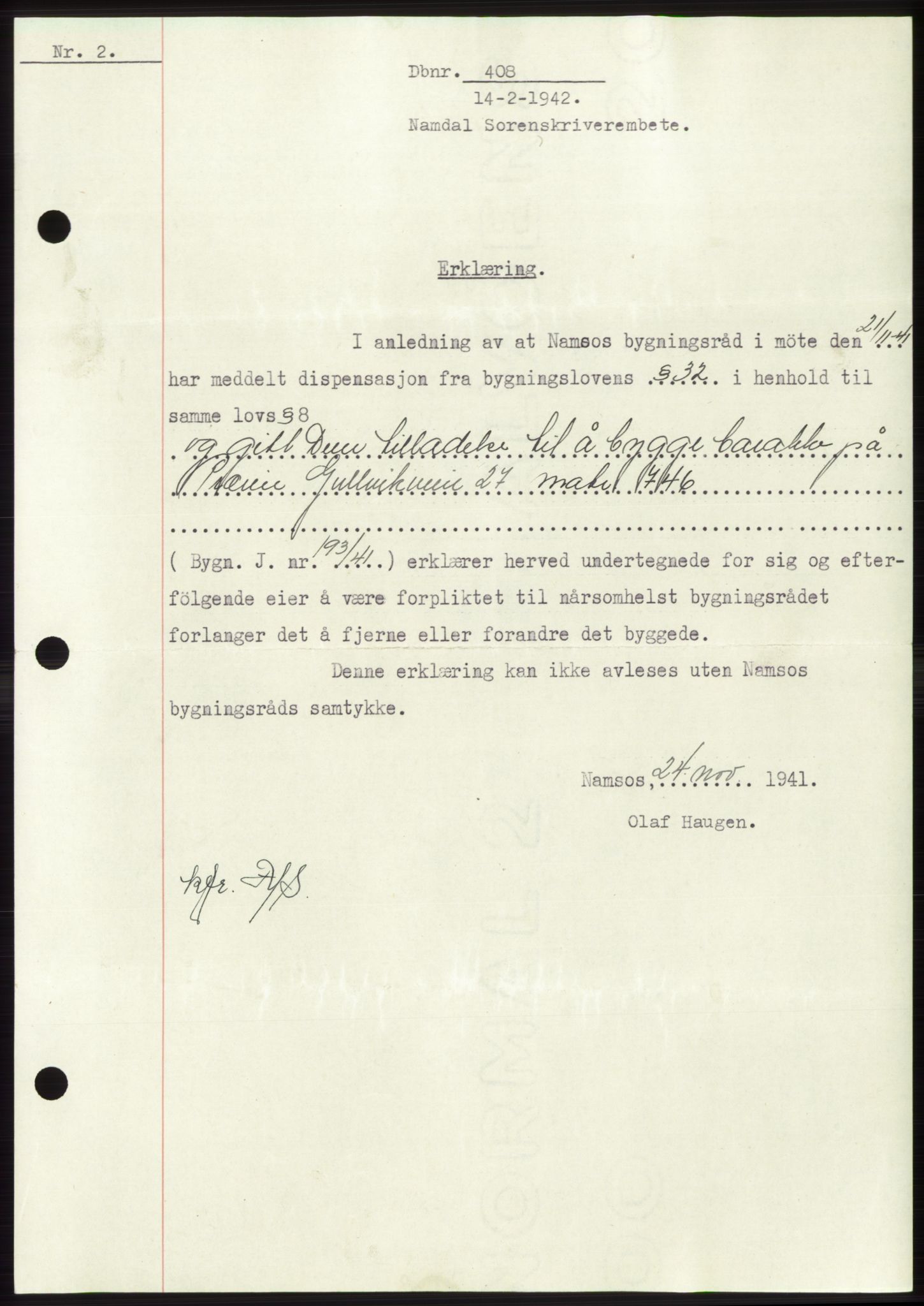 Namdal sorenskriveri, SAT/A-4133/1/2/2C: Pantebok nr. -, 1941-1942, Dagboknr: 408/1942