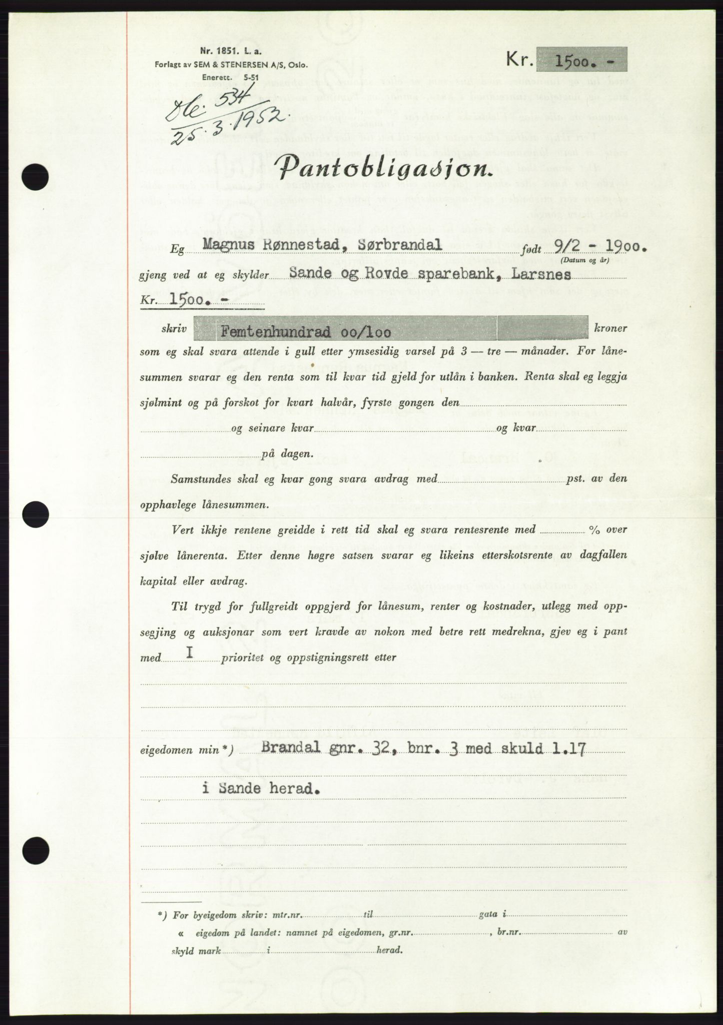 Søre Sunnmøre sorenskriveri, AV/SAT-A-4122/1/2/2C/L0121: Pantebok nr. 9B, 1951-1952, Dagboknr: 534/1952