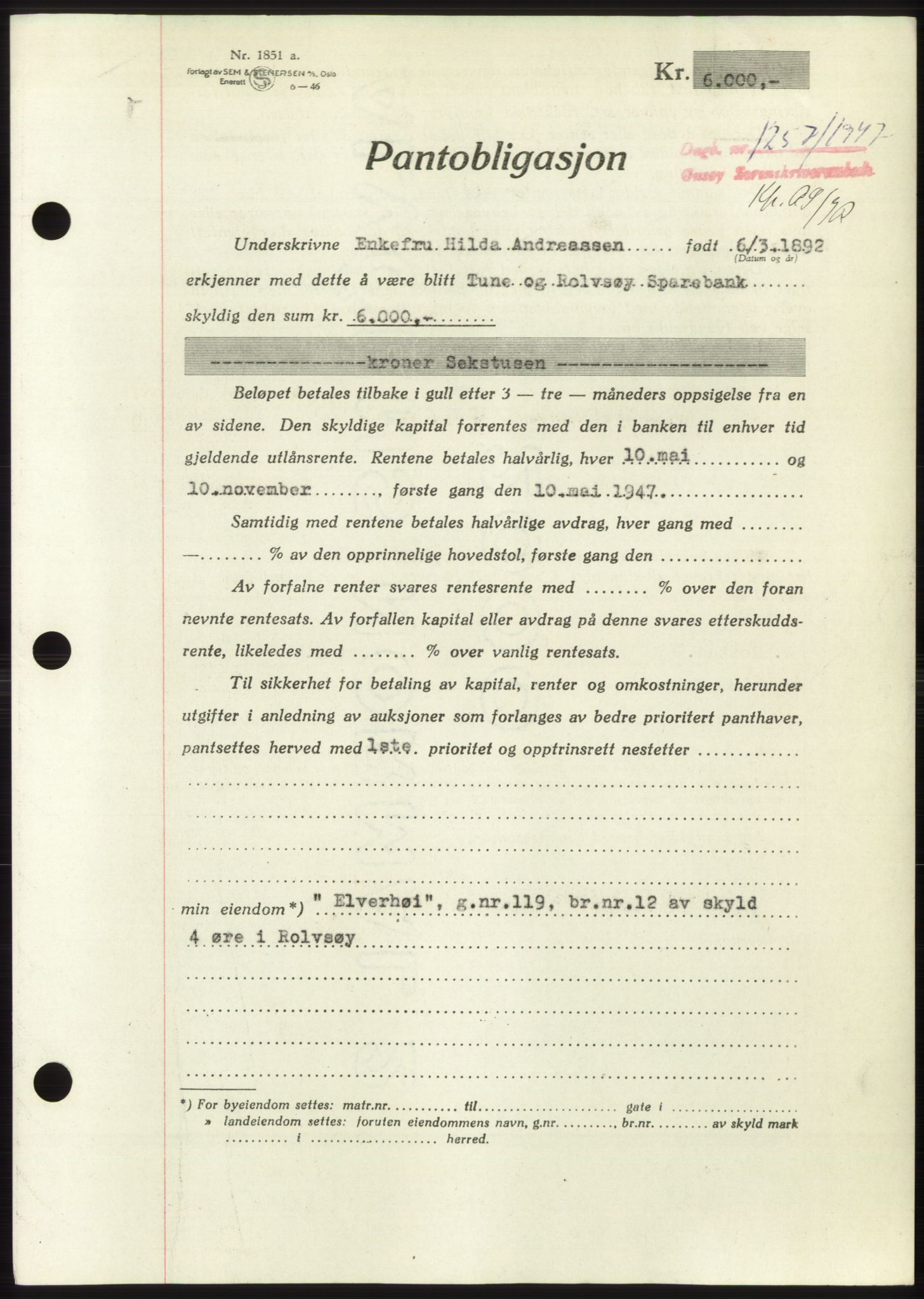 Onsøy sorenskriveri, SAO/A-10474/G/Ga/Gac/L0006: Pantebok nr. B 12-6, 1947-1948, Dagboknr: 1257/1947