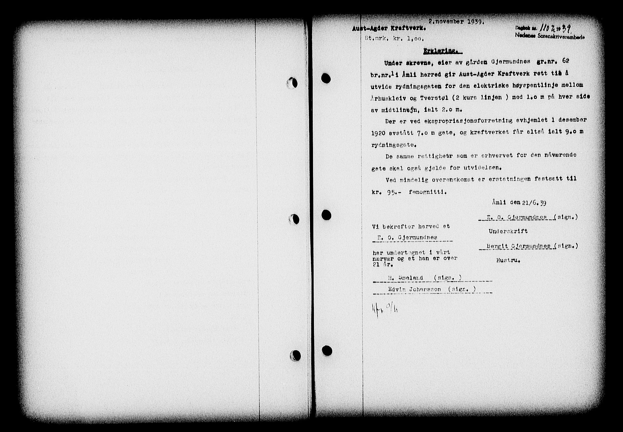 Nedenes sorenskriveri, SAK/1221-0006/G/Gb/Gba/L0047: Pantebok nr. A-I, 1939-1940, Dagboknr: 1102/1939