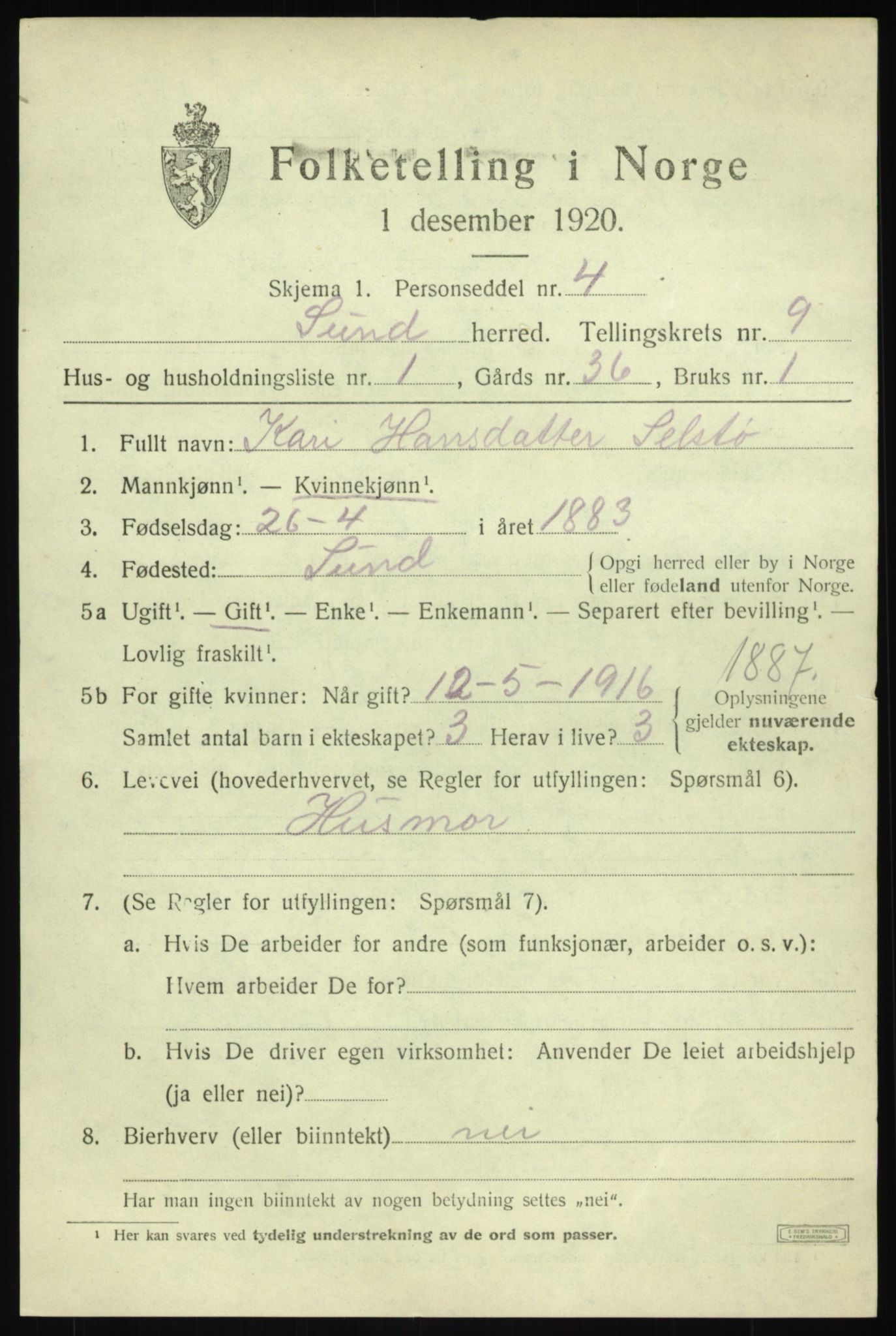 SAB, Folketelling 1920 for 1245 Sund herred, 1920, s. 5309