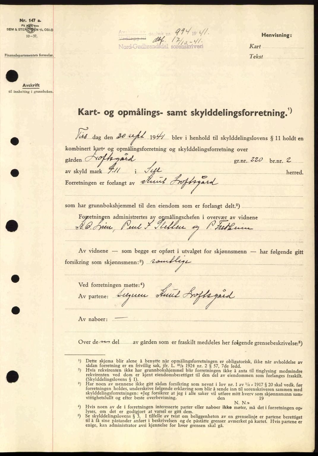 Nord-Gudbrandsdal tingrett, SAH/TING-002/H/Hb/Hbb/L0007: Pantebok nr. FA7, 1941-1941, Dagboknr: 994/1941