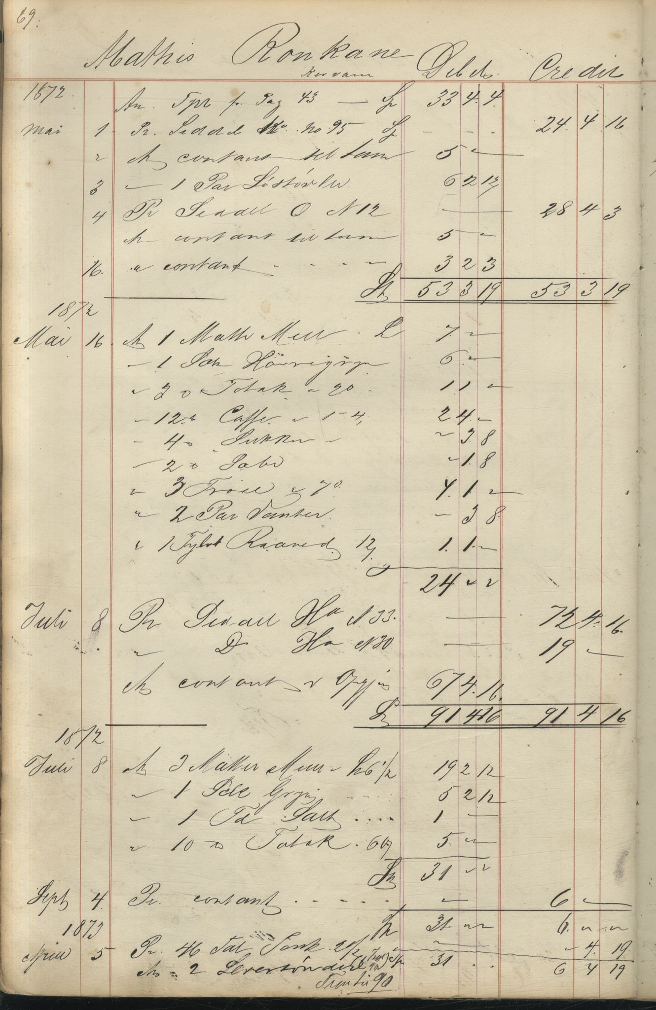 Brodtkorb handel A/S, VAMU/A-0001/F/Fc/L0001/0001: Konto for kvener og nordmenn på Kolahalvøya  / Conto for Kvæner og Nordmænd paa Russefinmarken No 1, 1868-1894, s. 69