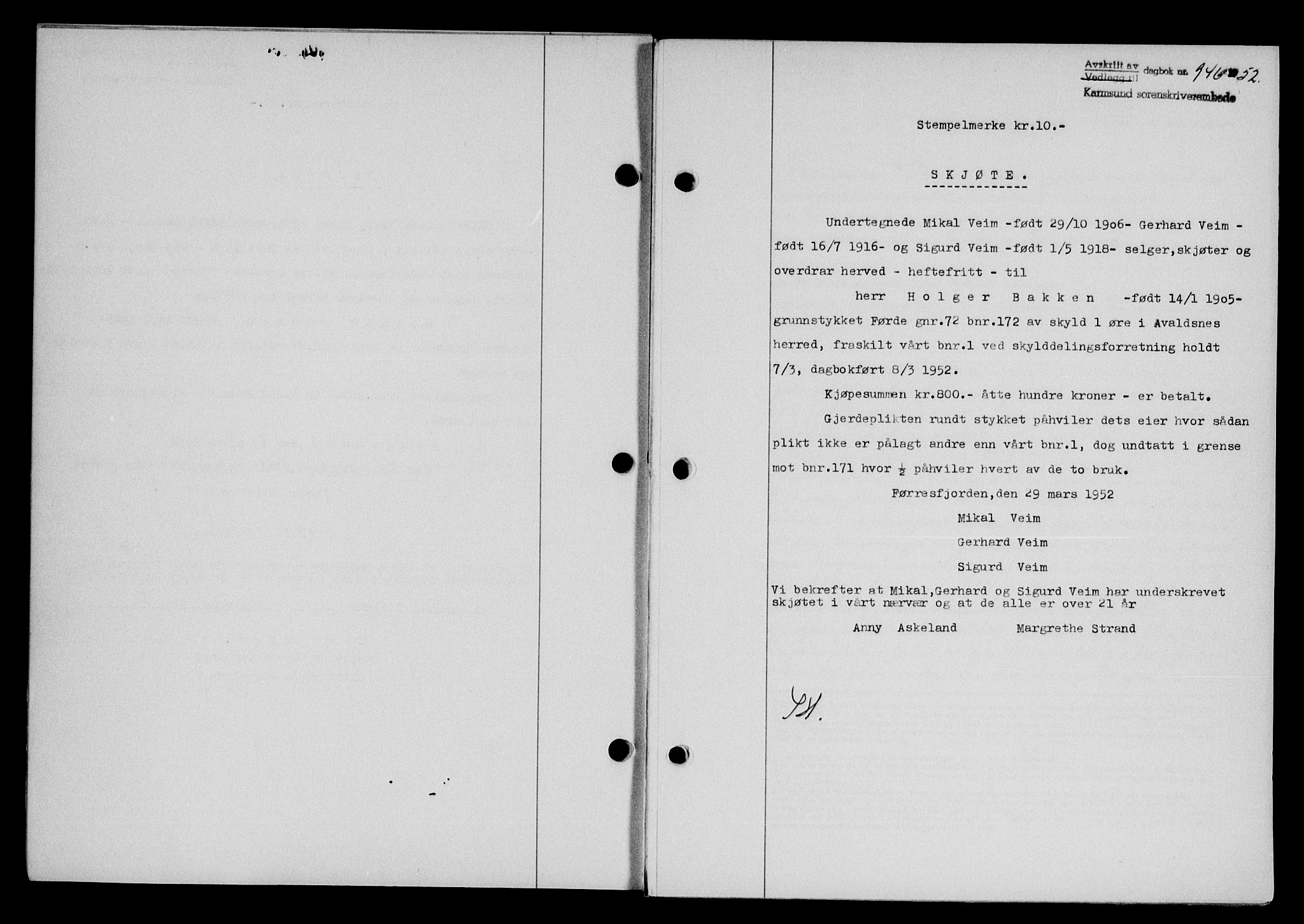 Karmsund sorenskriveri, SAST/A-100311/01/II/IIB/L0105: Pantebok nr. 85A, 1952-1952, Dagboknr: 946/1952