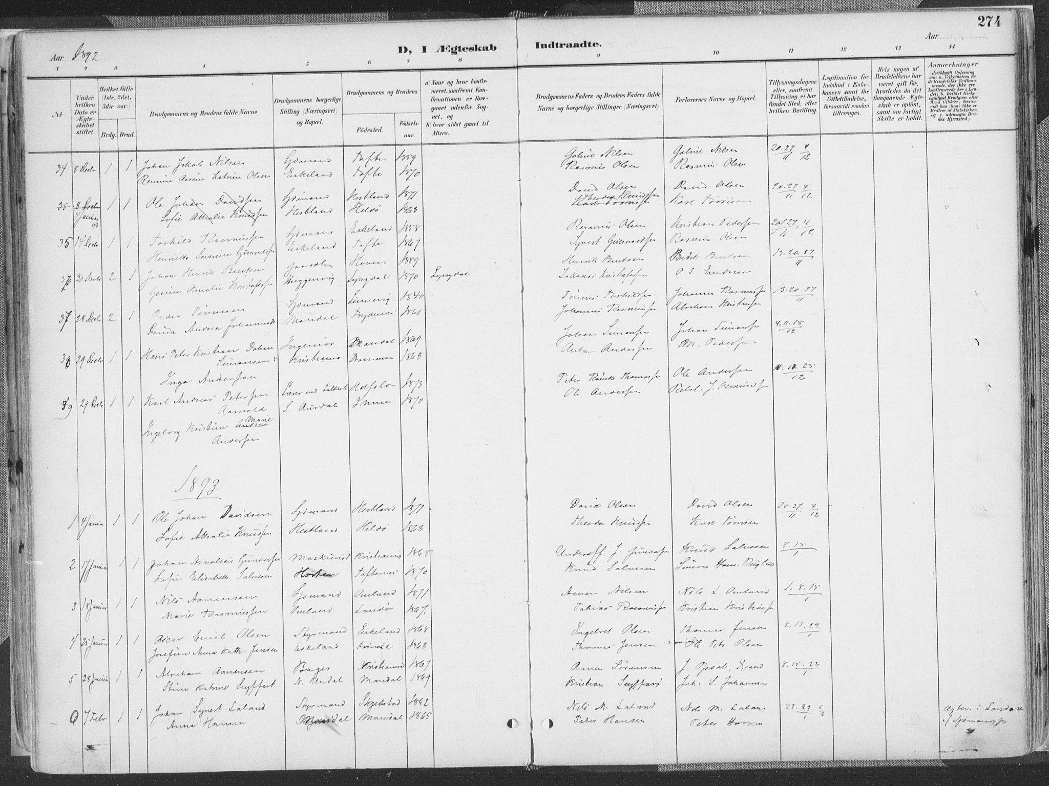 Mandal sokneprestkontor, SAK/1111-0030/F/Fa/Faa/L0018: Ministerialbok nr. A 18, 1890-1905, s. 274