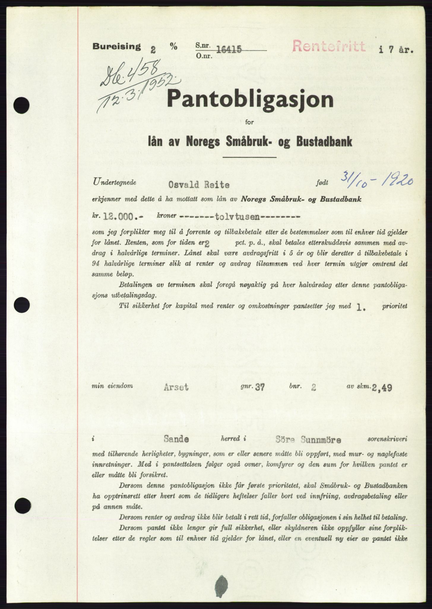 Søre Sunnmøre sorenskriveri, AV/SAT-A-4122/1/2/2C/L0121: Pantebok nr. 9B, 1951-1952, Dagboknr: 458/1952