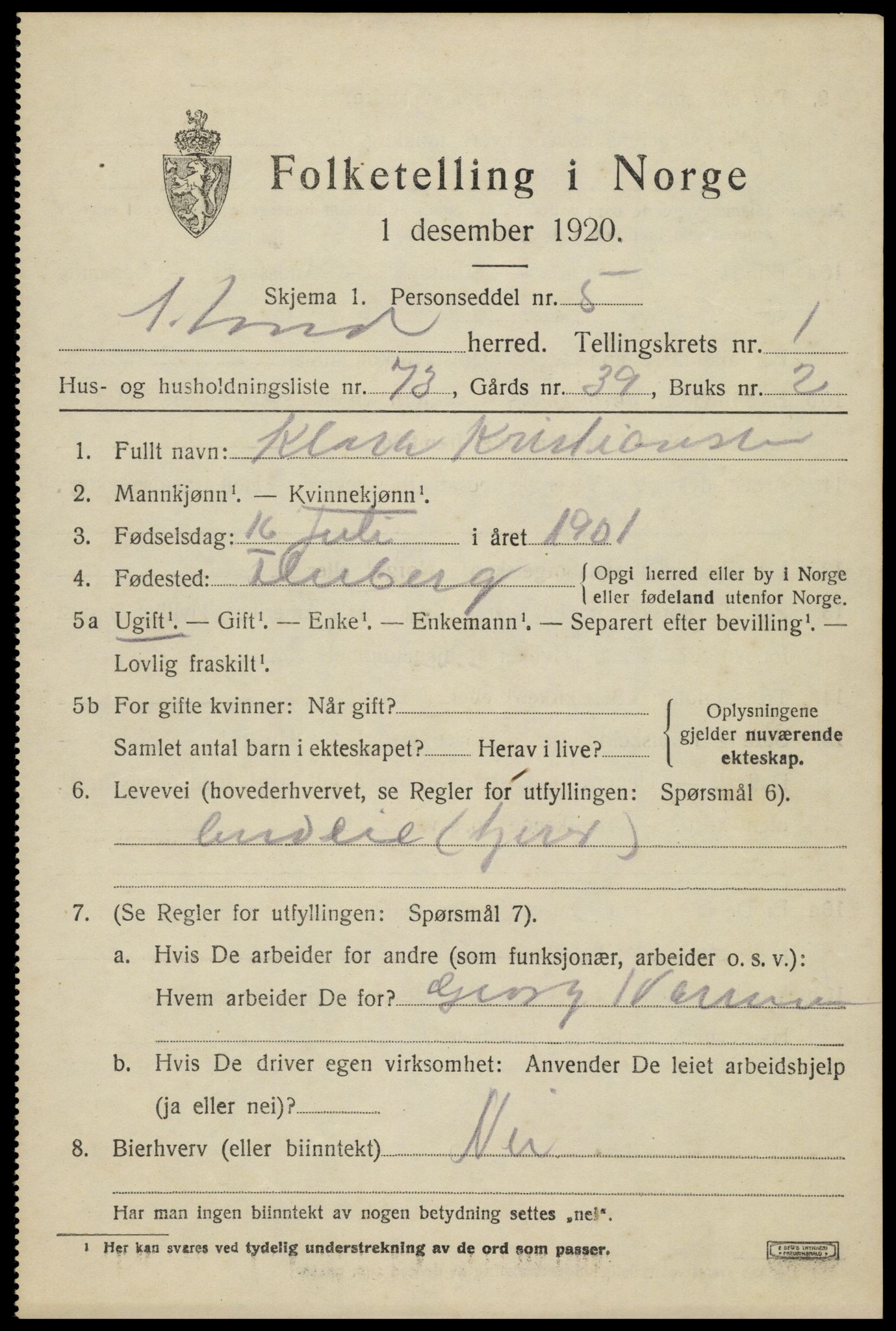 SAH, Folketelling 1920 for 0536 Søndre Land herred, 1920, s. 2185