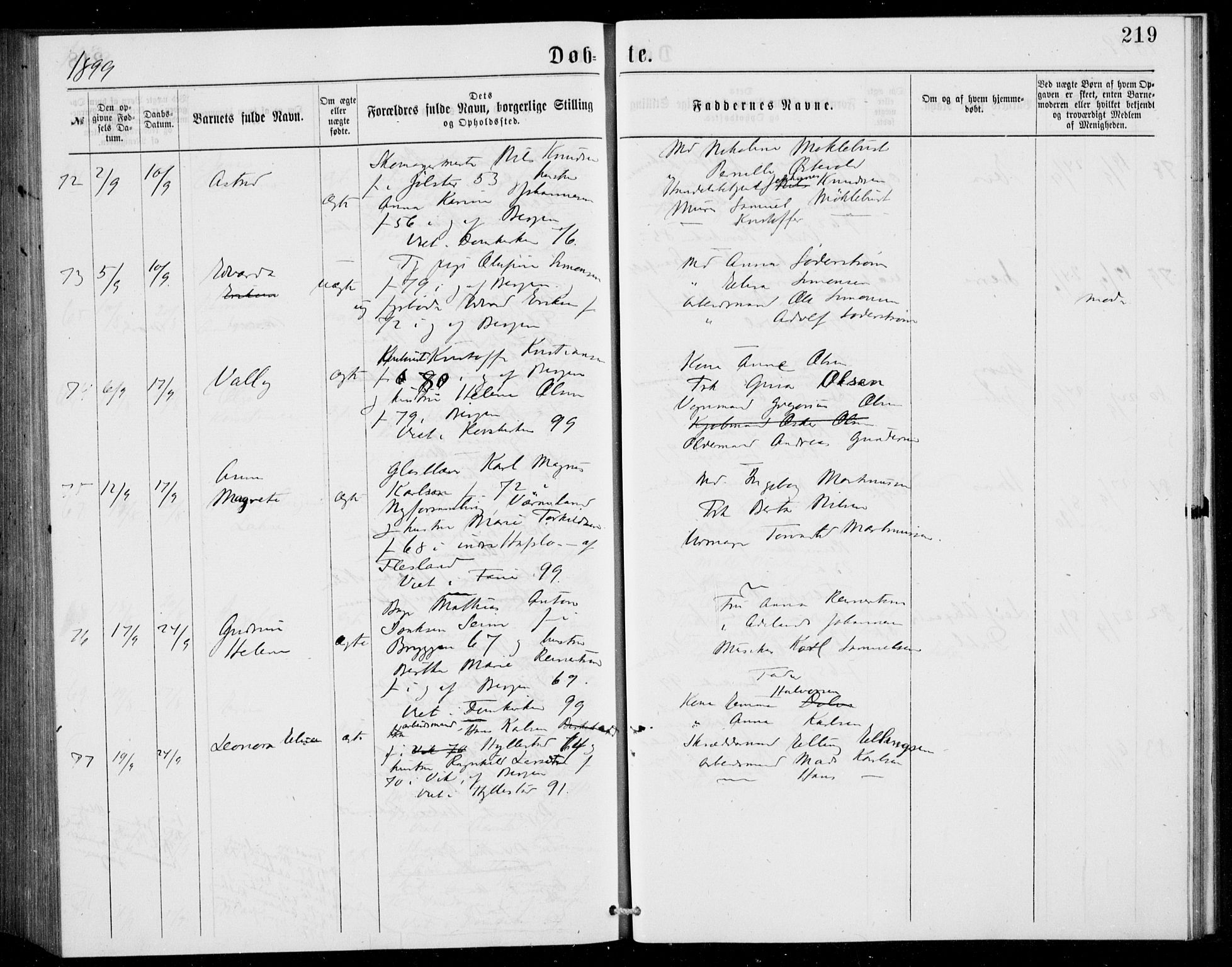 Fødselsstiftelsens sokneprestembete, ført av overlegen*, SAB/-: Ministerialbok nr. A 2, 1884-1900, s. 219