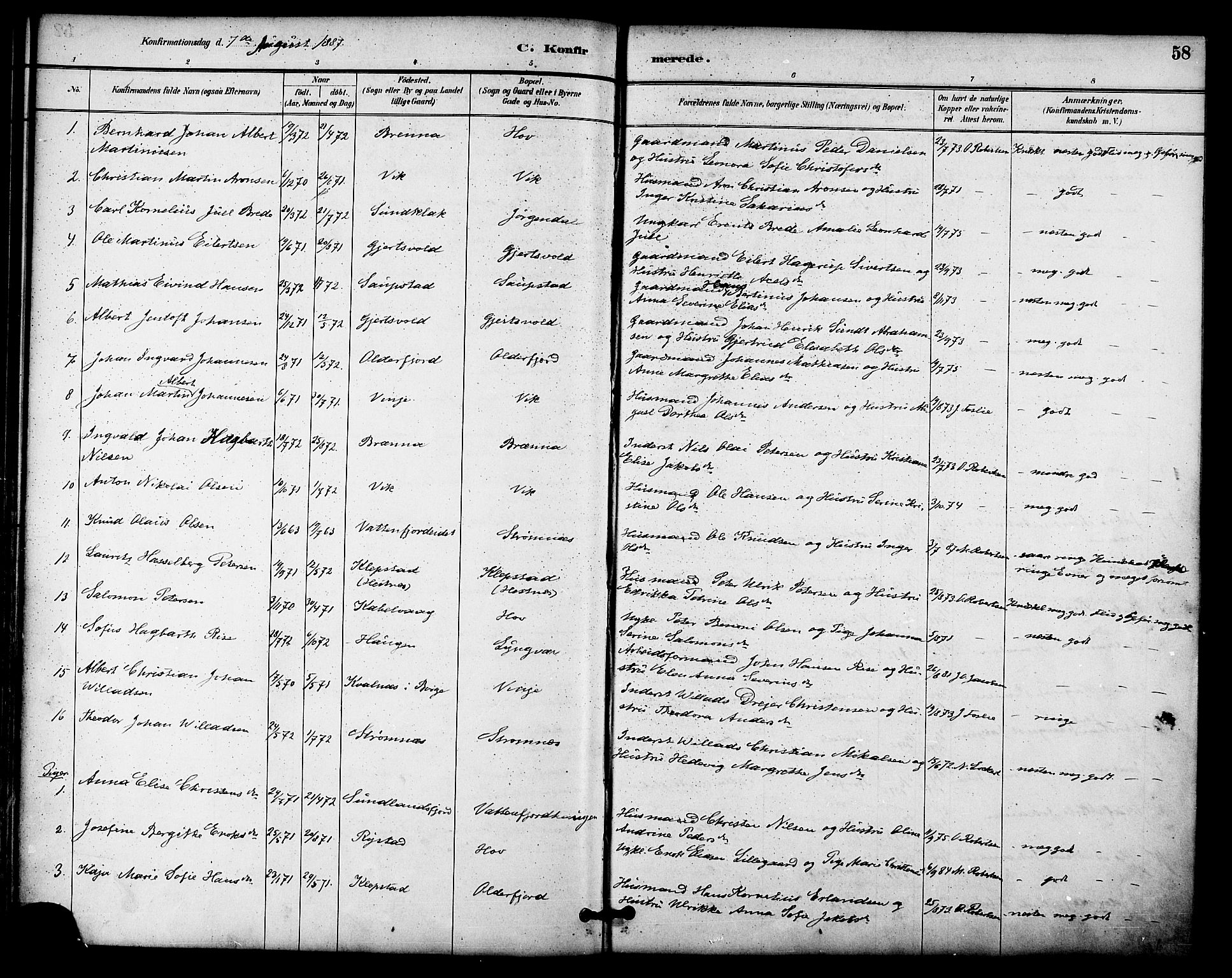 Ministerialprotokoller, klokkerbøker og fødselsregistre - Nordland, SAT/A-1459/876/L1097: Ministerialbok nr. 876A03, 1886-1896, s. 58