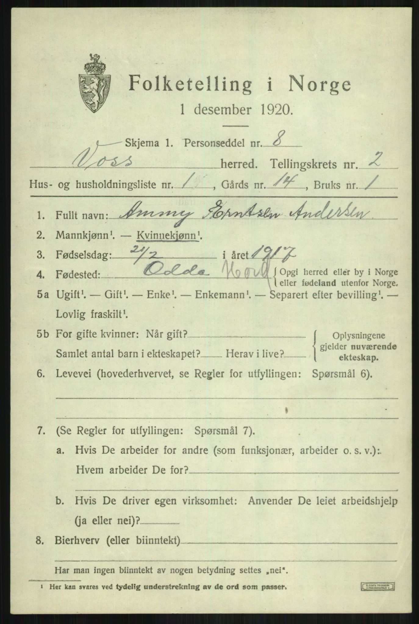 SAB, Folketelling 1920 for 1235 Voss herred, 1920, s. 3443