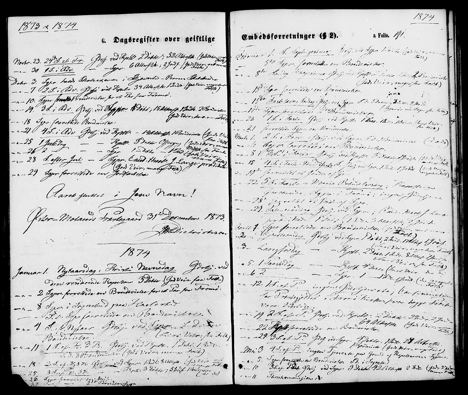 Austre Moland sokneprestkontor, SAK/1111-0001/F/Fa/Faa/L0009: Ministerialbok nr. A 9, 1869-1879, s. 191