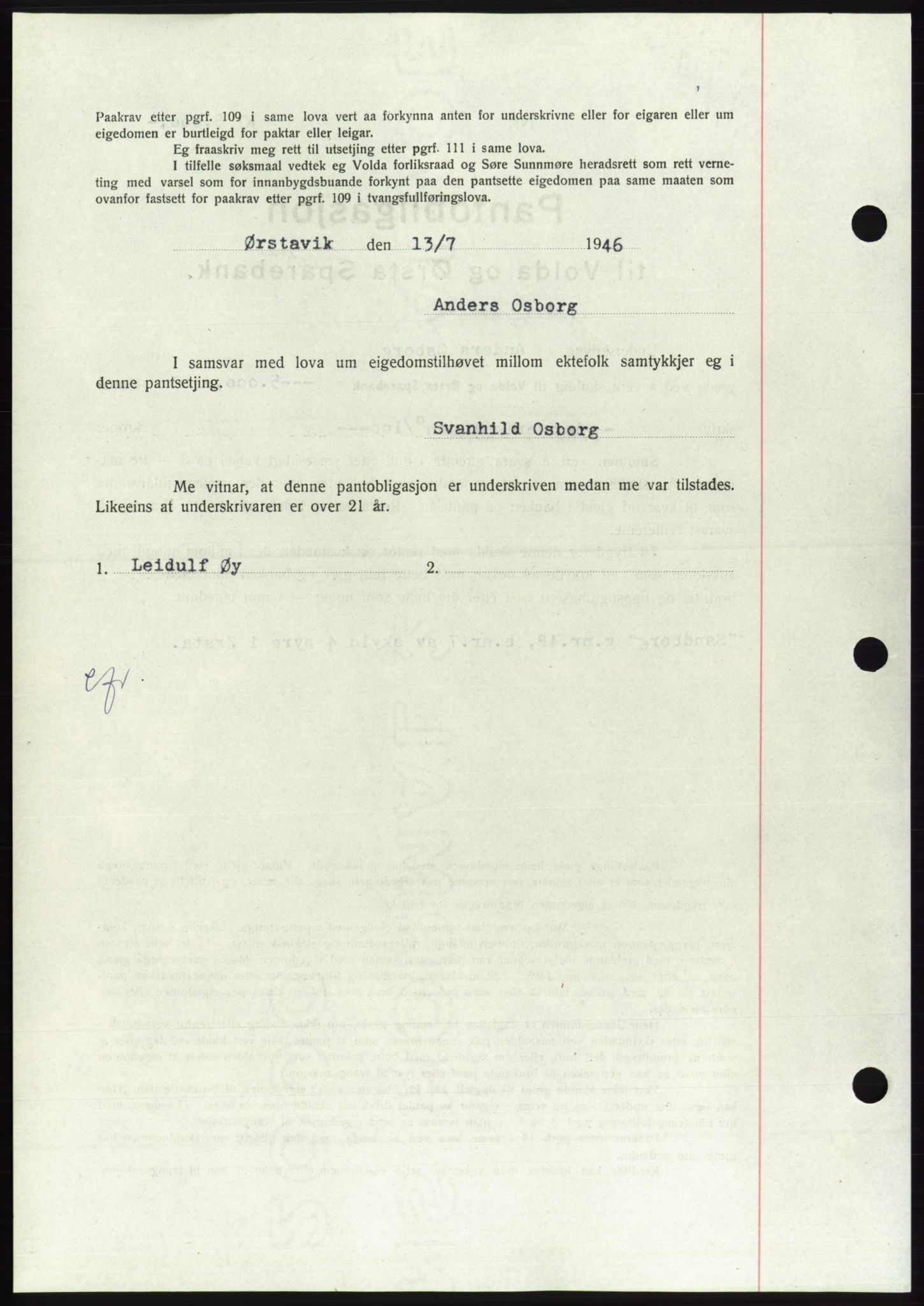 Søre Sunnmøre sorenskriveri, AV/SAT-A-4122/1/2/2C/L0114: Pantebok nr. 1-2B, 1943-1947, Dagboknr: 779/1946