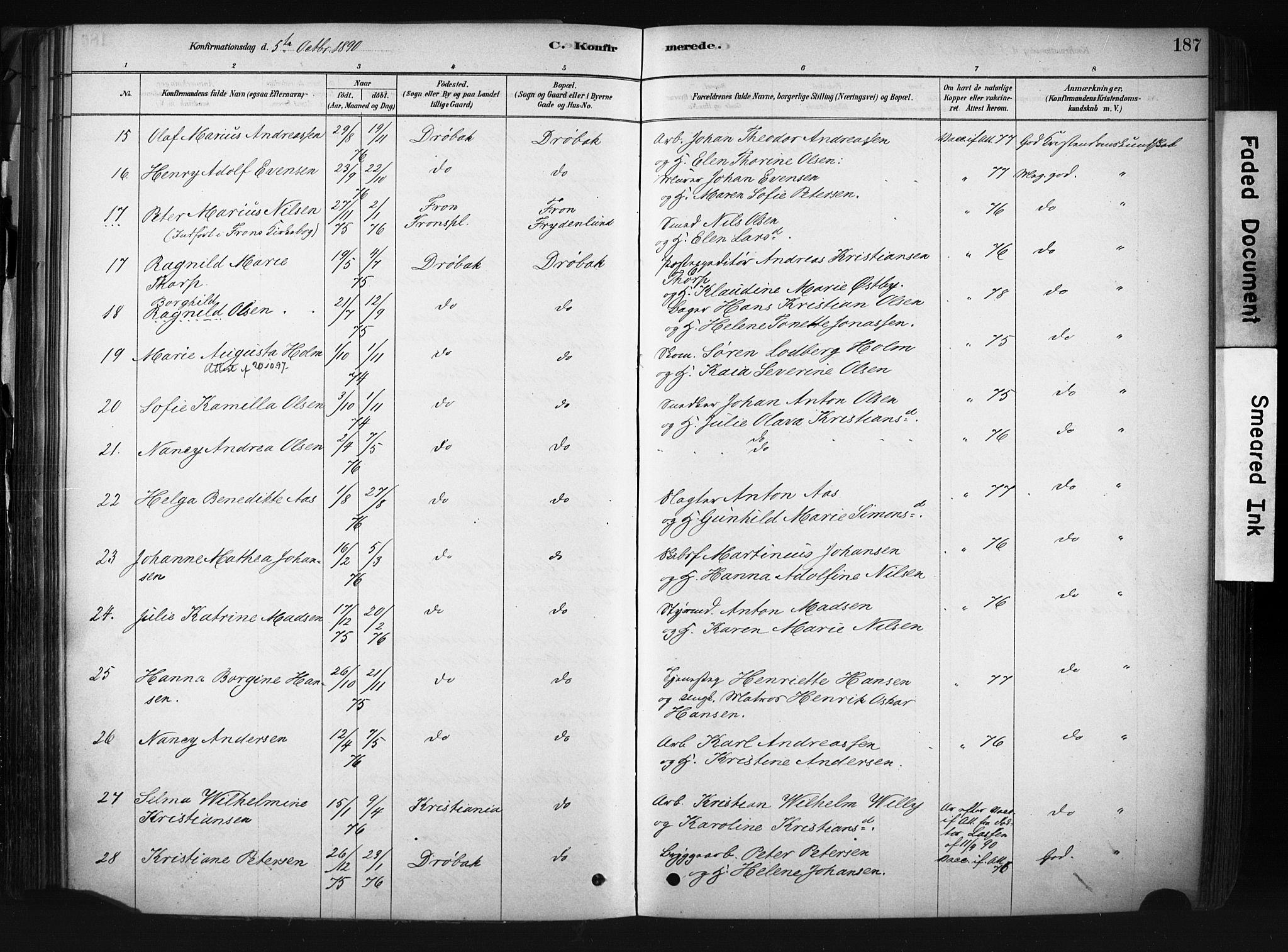 Drøbak prestekontor Kirkebøker, AV/SAO-A-10142a/F/Fb/L0001: Ministerialbok nr. II 1, 1878-1891, s. 187