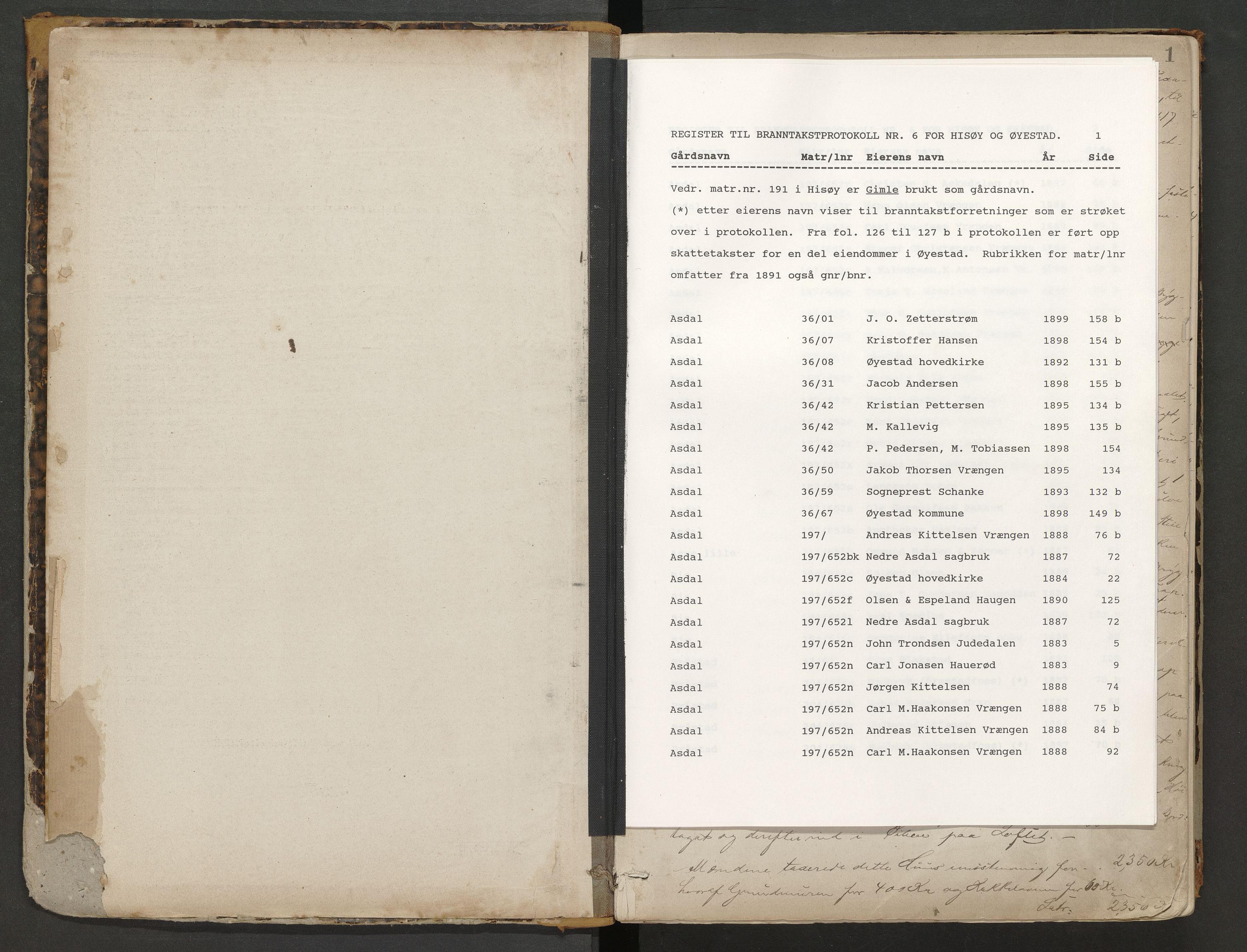 Norges Brannkasse Øyestad, AV/SAK-2241-0059/F/Fa/L0006: Branntakstprotokoll nr. 6 for Øyestad og Hisøy med gårdsnavnregister, 1883-1905