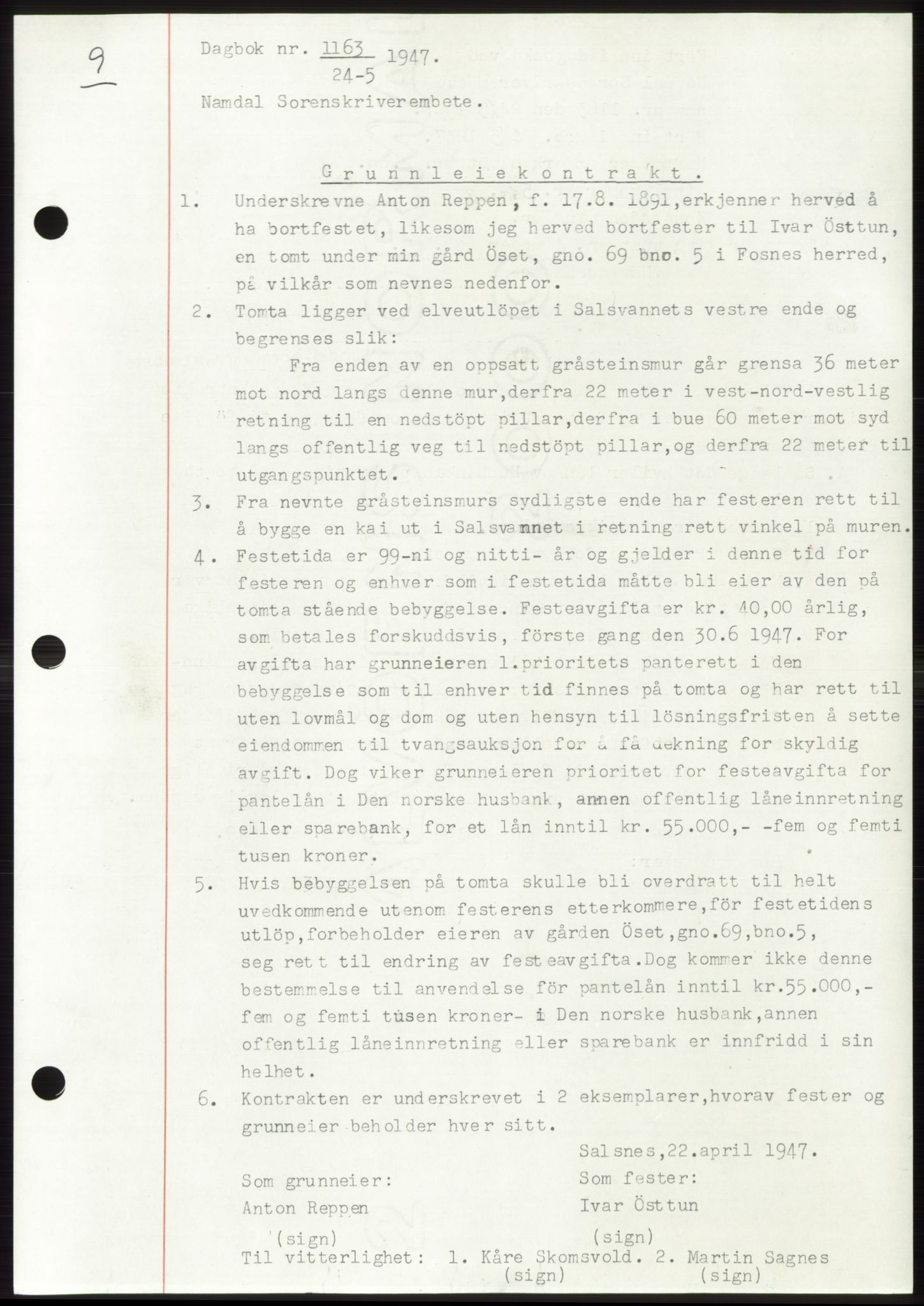 Namdal sorenskriveri, SAT/A-4133/1/2/2C: Pantebok nr. -, 1947-1947, Dagboknr: 1163/1947