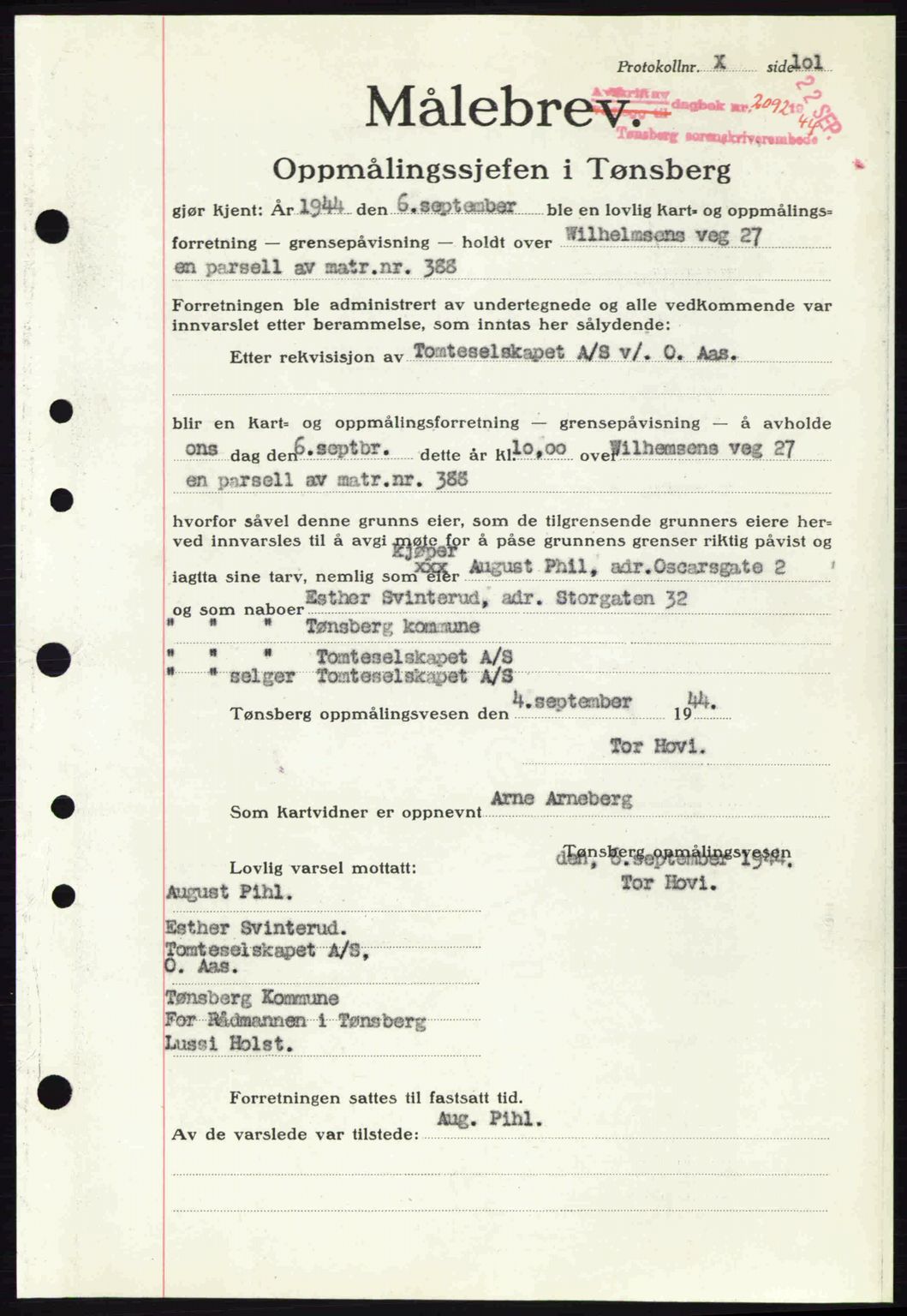 Tønsberg sorenskriveri, AV/SAKO-A-130/G/Ga/Gaa/L0016: Pantebok nr. A16, 1944-1945, Dagboknr: 2092/1944