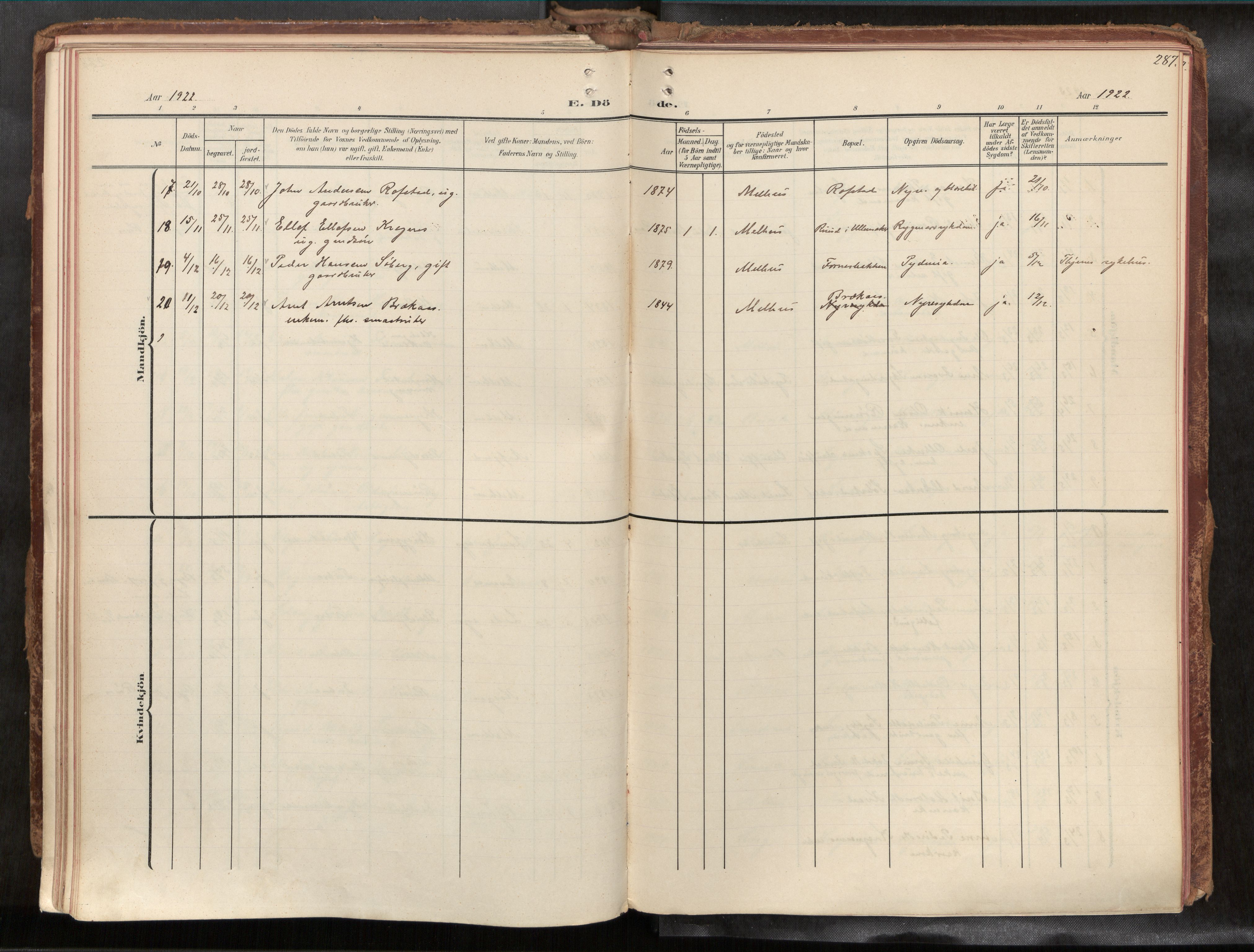 Ministerialprotokoller, klokkerbøker og fødselsregistre - Sør-Trøndelag, AV/SAT-A-1456/691/L1085b: Ministerialbok nr. 691A18, 1908-1930, s. 287