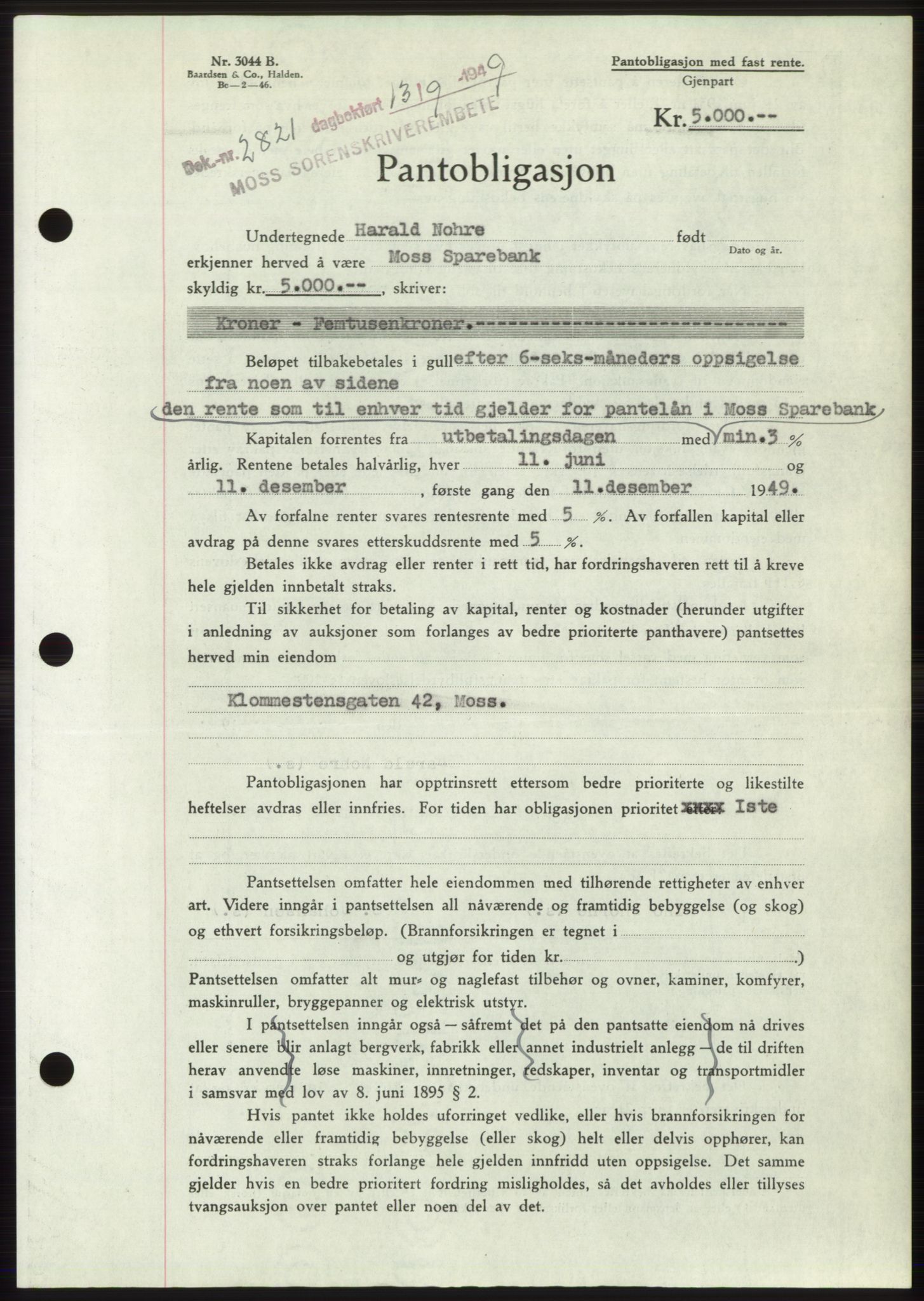 Moss sorenskriveri, SAO/A-10168: Pantebok nr. B22, 1949-1949, Dagboknr: 2821/1949