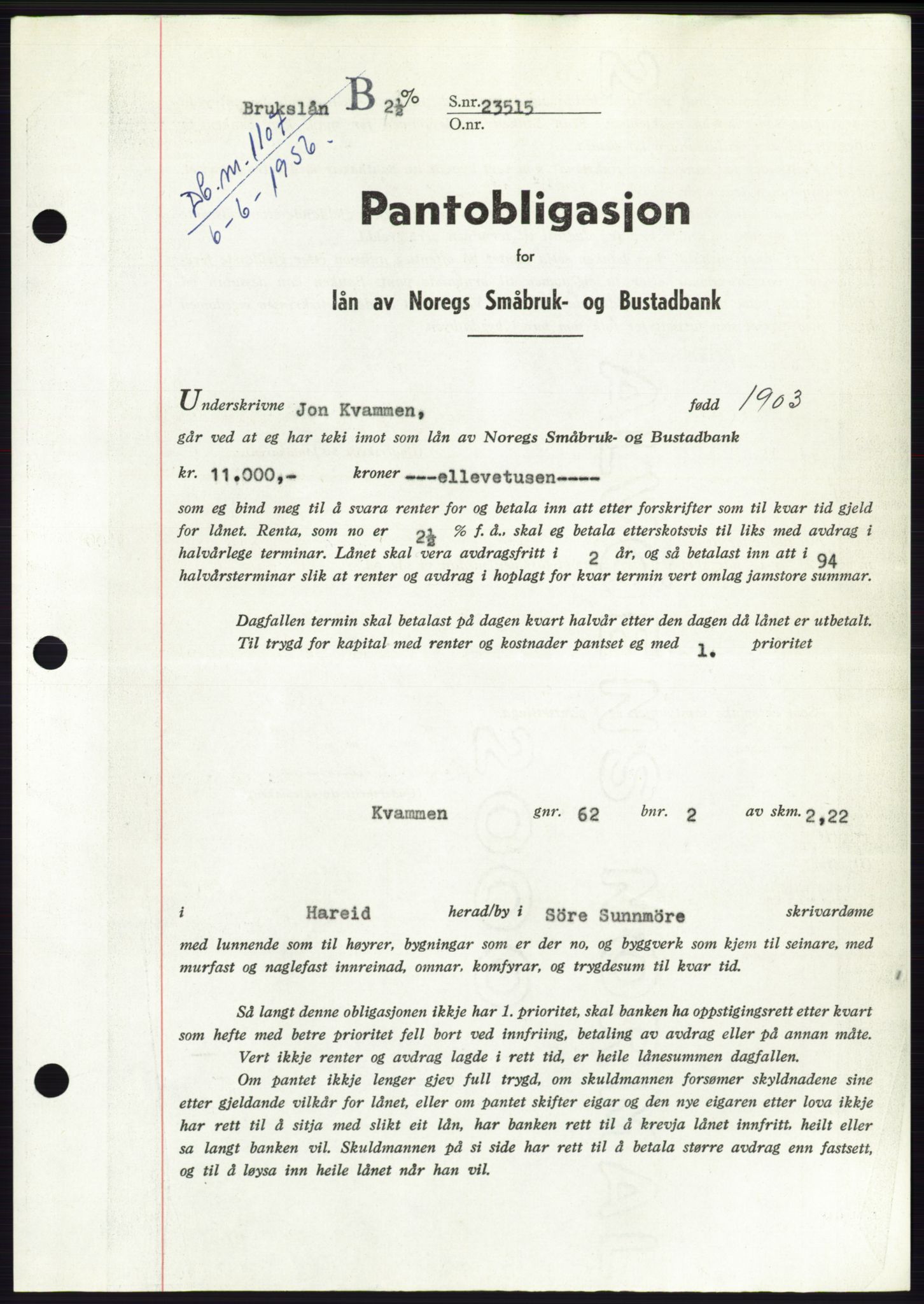 Søre Sunnmøre sorenskriveri, SAT/A-4122/1/2/2C/L0128: Pantebok nr. 16B, 1956-1956, Dagboknr: 1107/1956