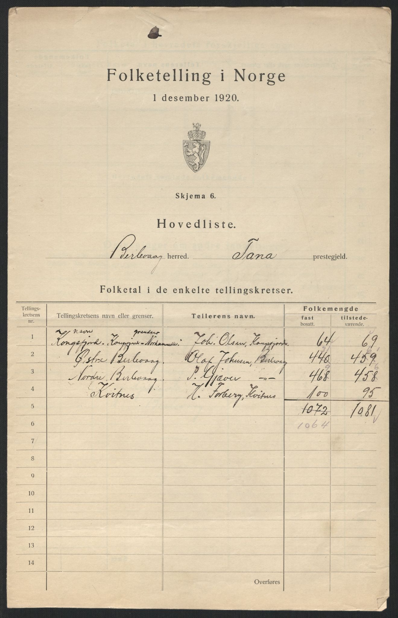 SATØ, Folketelling 1920 for 2024 Berlevåg herred, 1920, s. 4