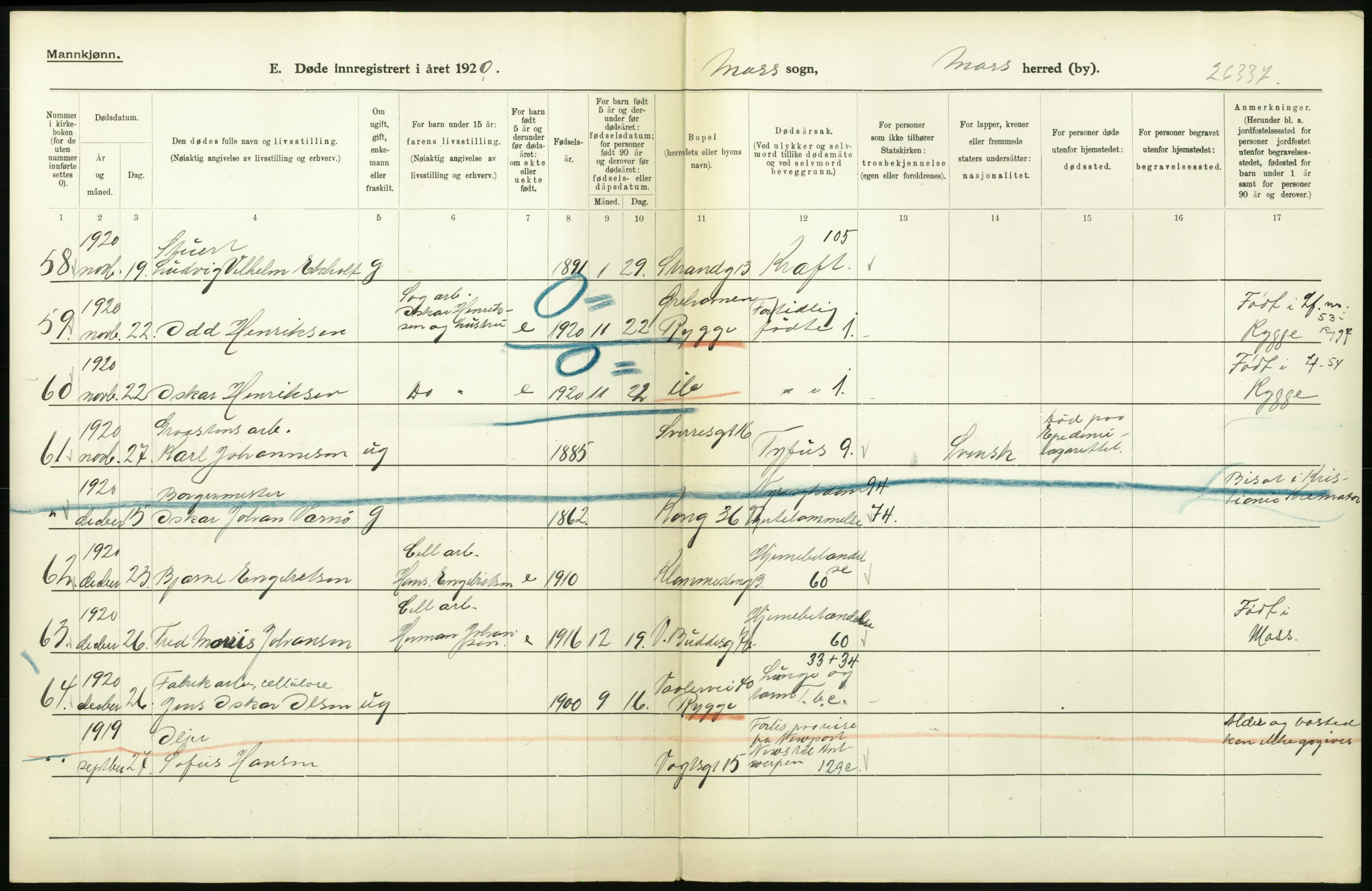 Statistisk sentralbyrå, Sosiodemografiske emner, Befolkning, RA/S-2228/D/Df/Dfb/Dfbj/L0003: Østfold fylke: Døde, dødfødte. Bygder og byer., 1920, s. 58