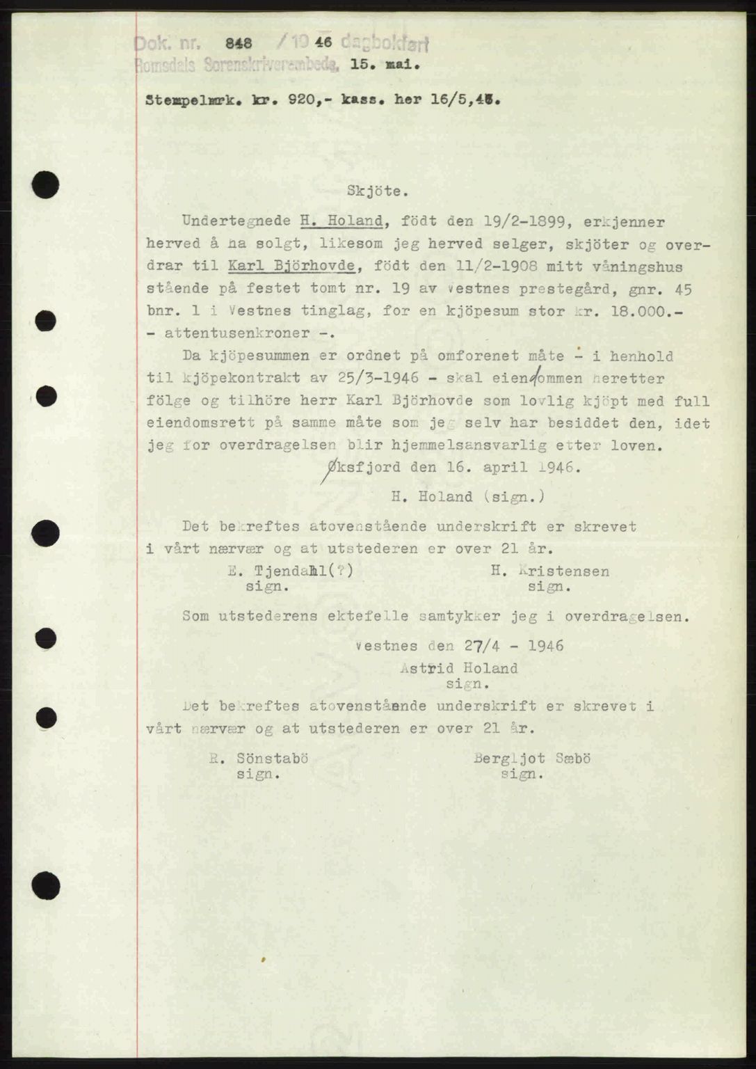 Romsdal sorenskriveri, SAT/A-4149/1/2/2C: Pantebok nr. A19, 1946-1946, Dagboknr: 848/1946