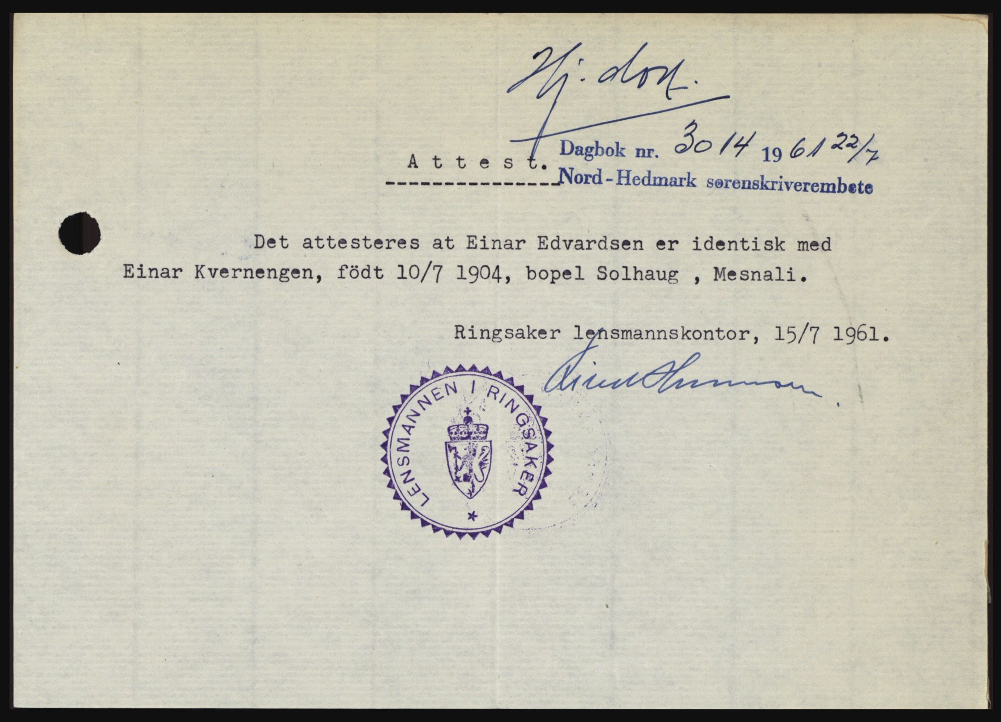 Nord-Hedmark sorenskriveri, SAH/TING-012/H/Hc/L0015: Pantebok nr. 15, 1961-1961, Dagboknr: 3014/1961