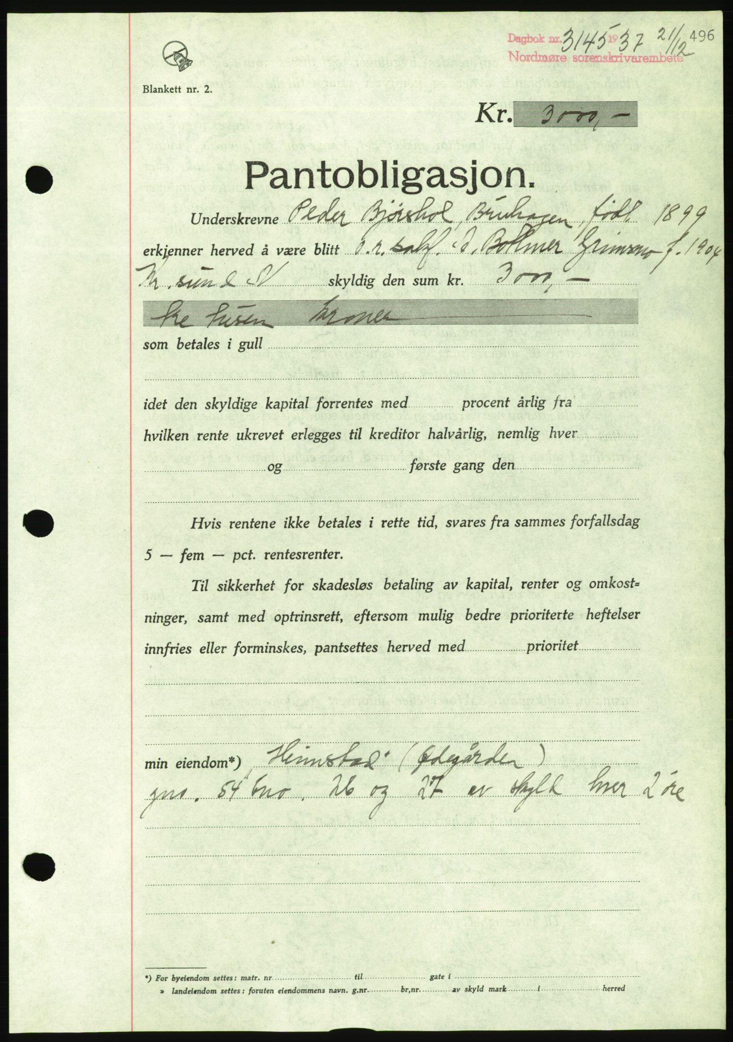 Nordmøre sorenskriveri, AV/SAT-A-4132/1/2/2Ca/L0092: Pantebok nr. B82, 1937-1938, Dagboknr: 3145/1937