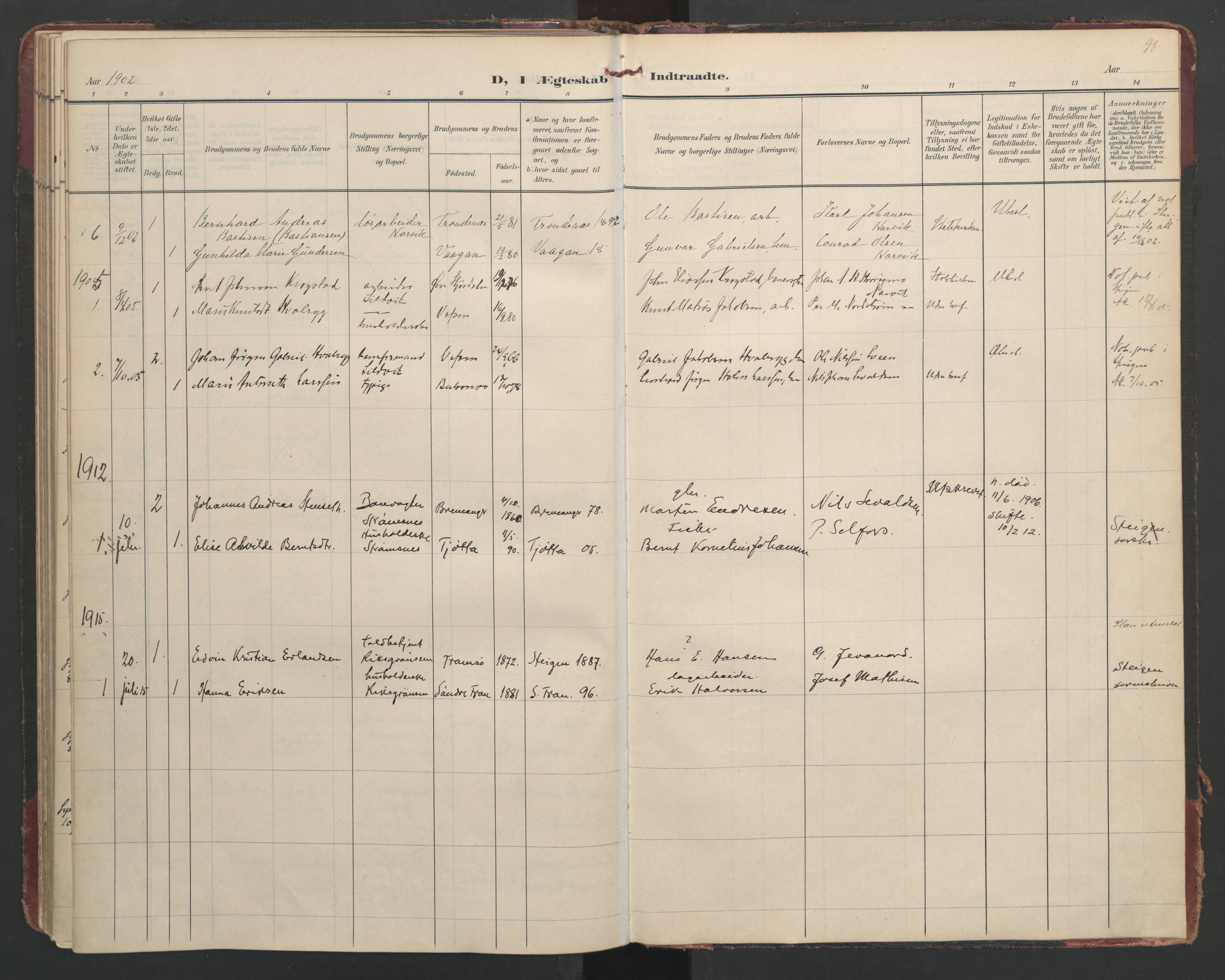 Ministerialprotokoller, klokkerbøker og fødselsregistre - Nordland, AV/SAT-A-1459/866/L0942: Ministerialbok nr. 866A05, 1901-1928, s. 98