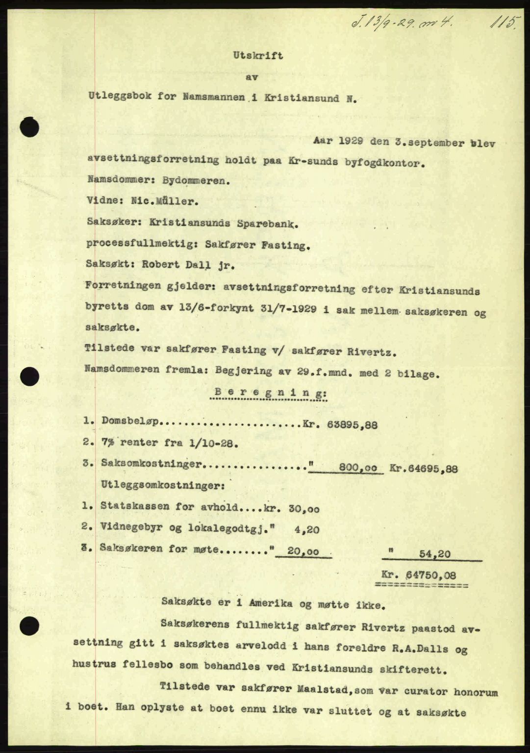 Kristiansund byfogd, AV/SAT-A-4587/A/27: Pantebok nr. 23, 1929-1930, Tingl.dato: 13.09.1929