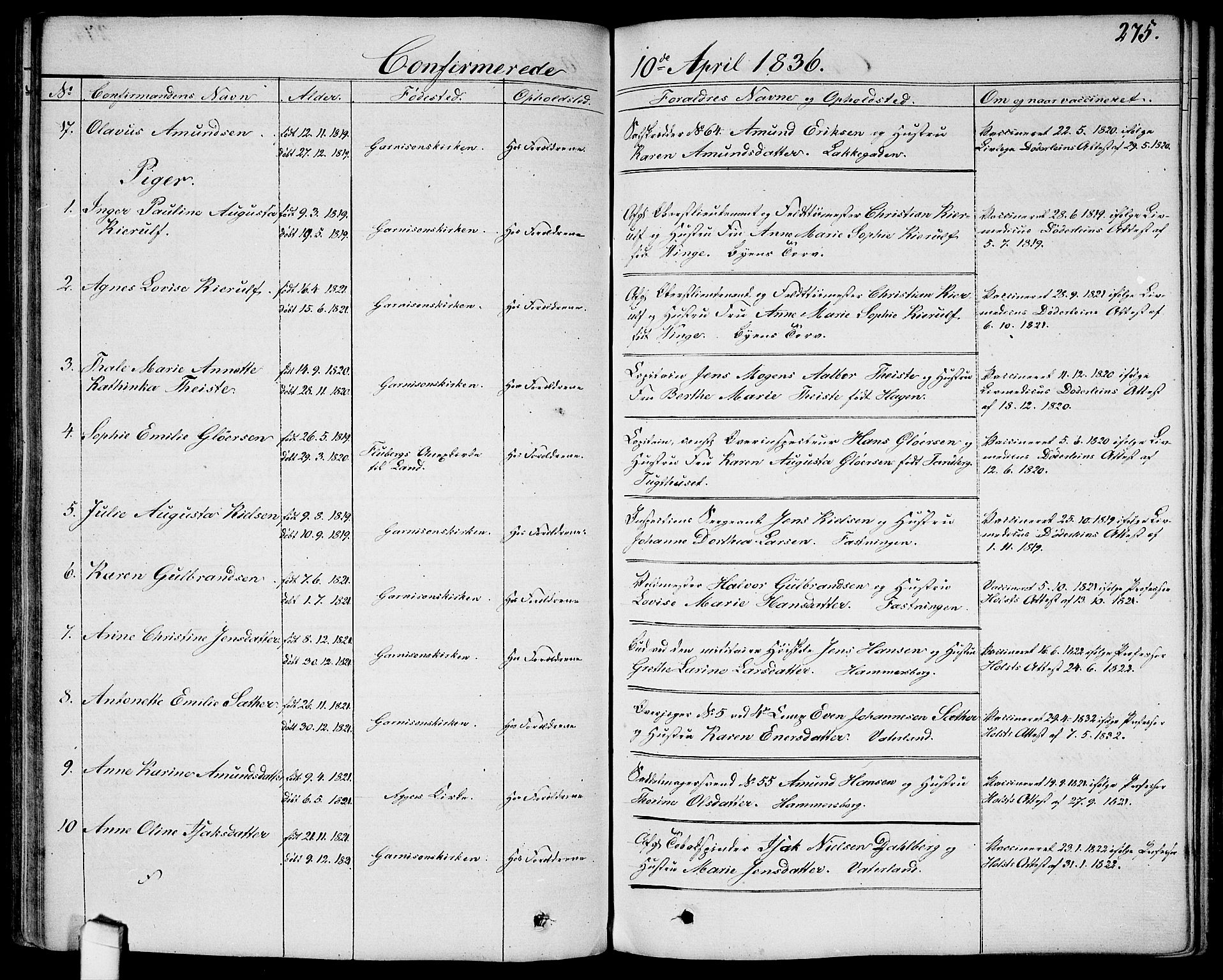 Garnisonsmenigheten Kirkebøker, SAO/A-10846/G/Ga/L0004: Klokkerbok nr. 4, 1828-1840, s. 275