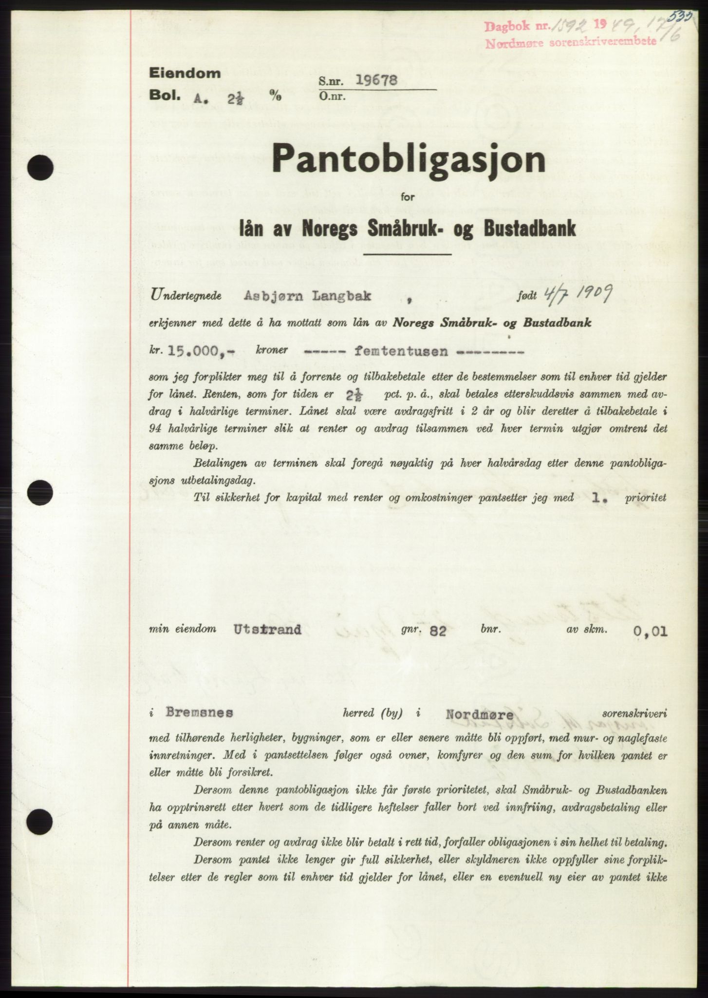 Nordmøre sorenskriveri, SAT/A-4132/1/2/2Ca: Pantebok nr. B101, 1949-1949, Dagboknr: 1592/1949