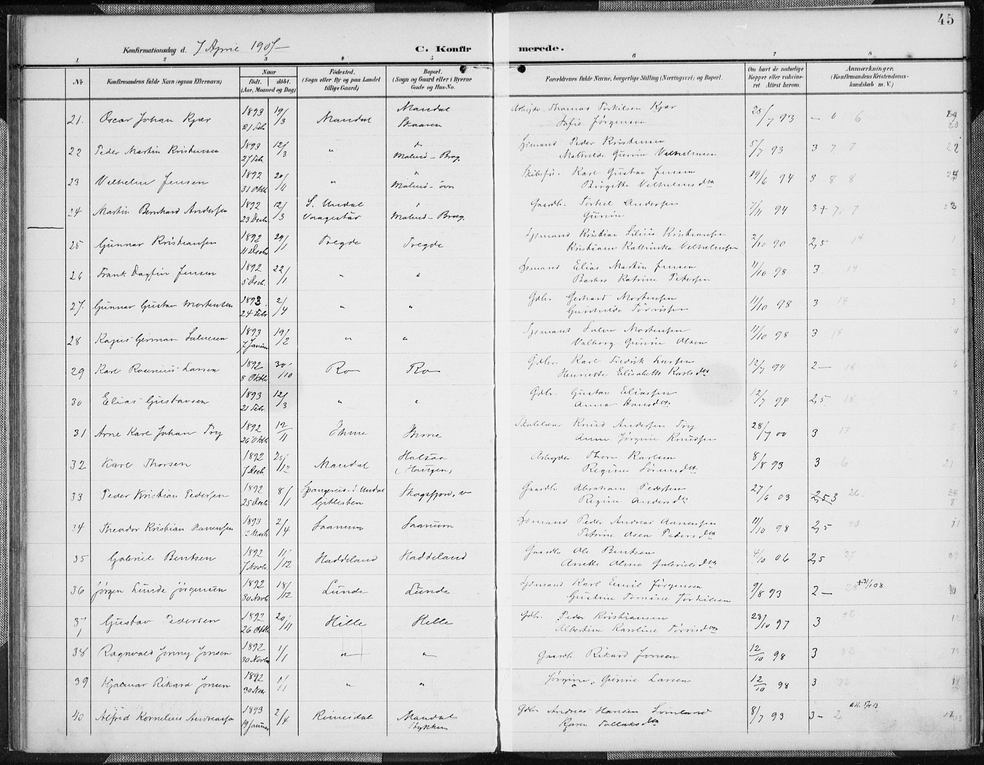 Mandal sokneprestkontor, AV/SAK-1111-0030/F/Fa/Faa/L0019: Ministerialbok nr. A 19, 1902-1912, s. 45