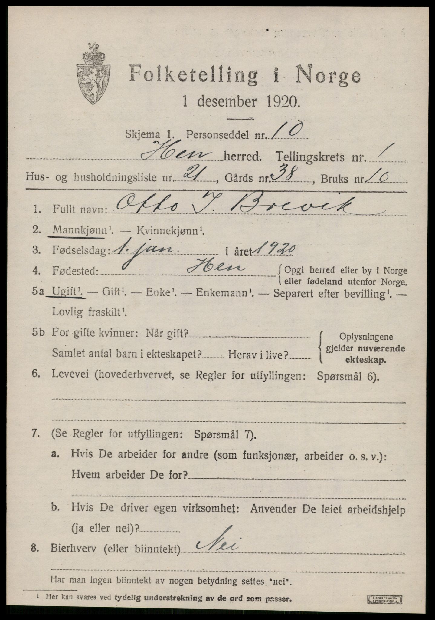 SAT, Folketelling 1920 for 1540 Hen herred, 1920, s. 698
