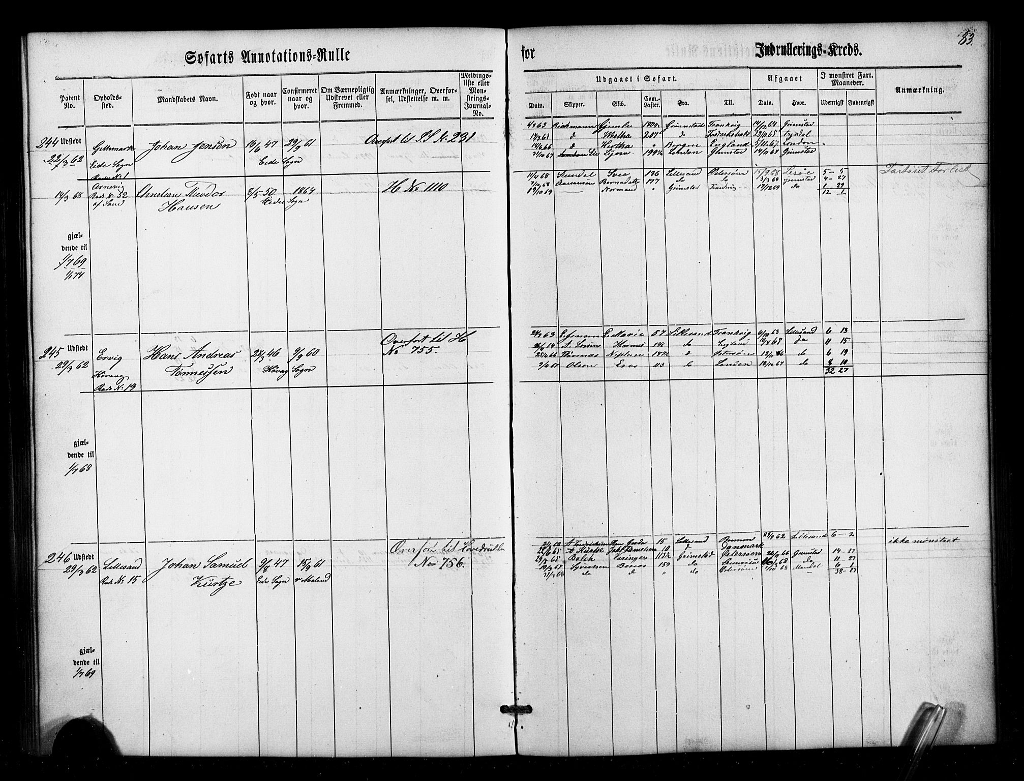 Lillesand mønstringskrets, SAK/2031-0014/F/Fa/L0001: Annotasjonsrulle nr 1-436 med register, W-7, 1860-1872, s. 107