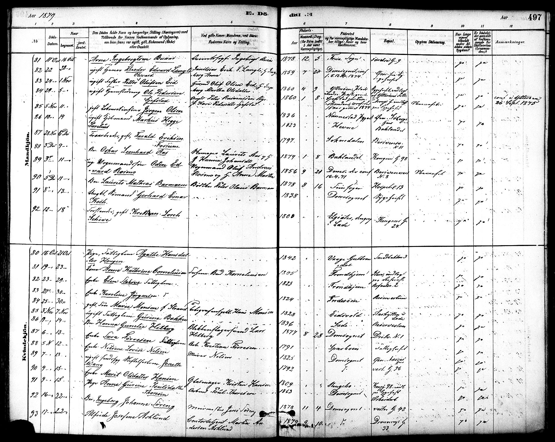 Ministerialprotokoller, klokkerbøker og fødselsregistre - Sør-Trøndelag, SAT/A-1456/601/L0058: Ministerialbok nr. 601A26, 1877-1891, s. 497