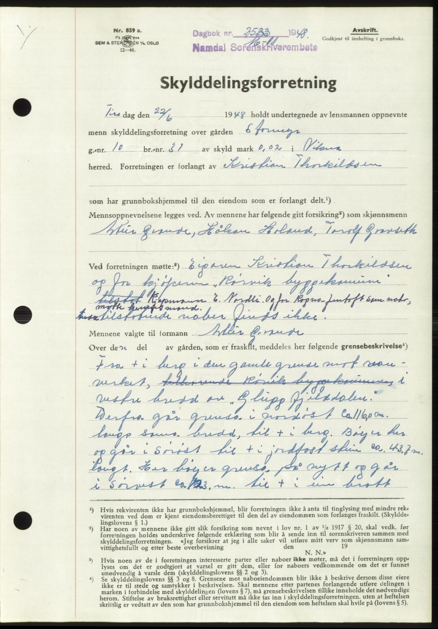 Namdal sorenskriveri, SAT/A-4133/1/2/2C: Pantebok nr. -, 1948-1948, Dagboknr: 2533/1948