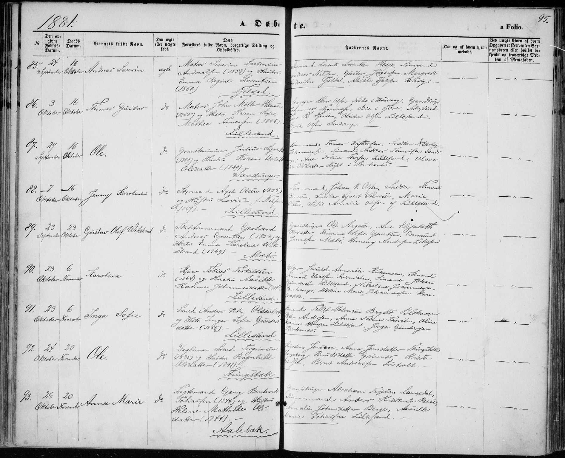 Vestre Moland sokneprestkontor, AV/SAK-1111-0046/F/Fa/Fab/L0008: Ministerialbok nr. A 8, 1873-1883, s. 95