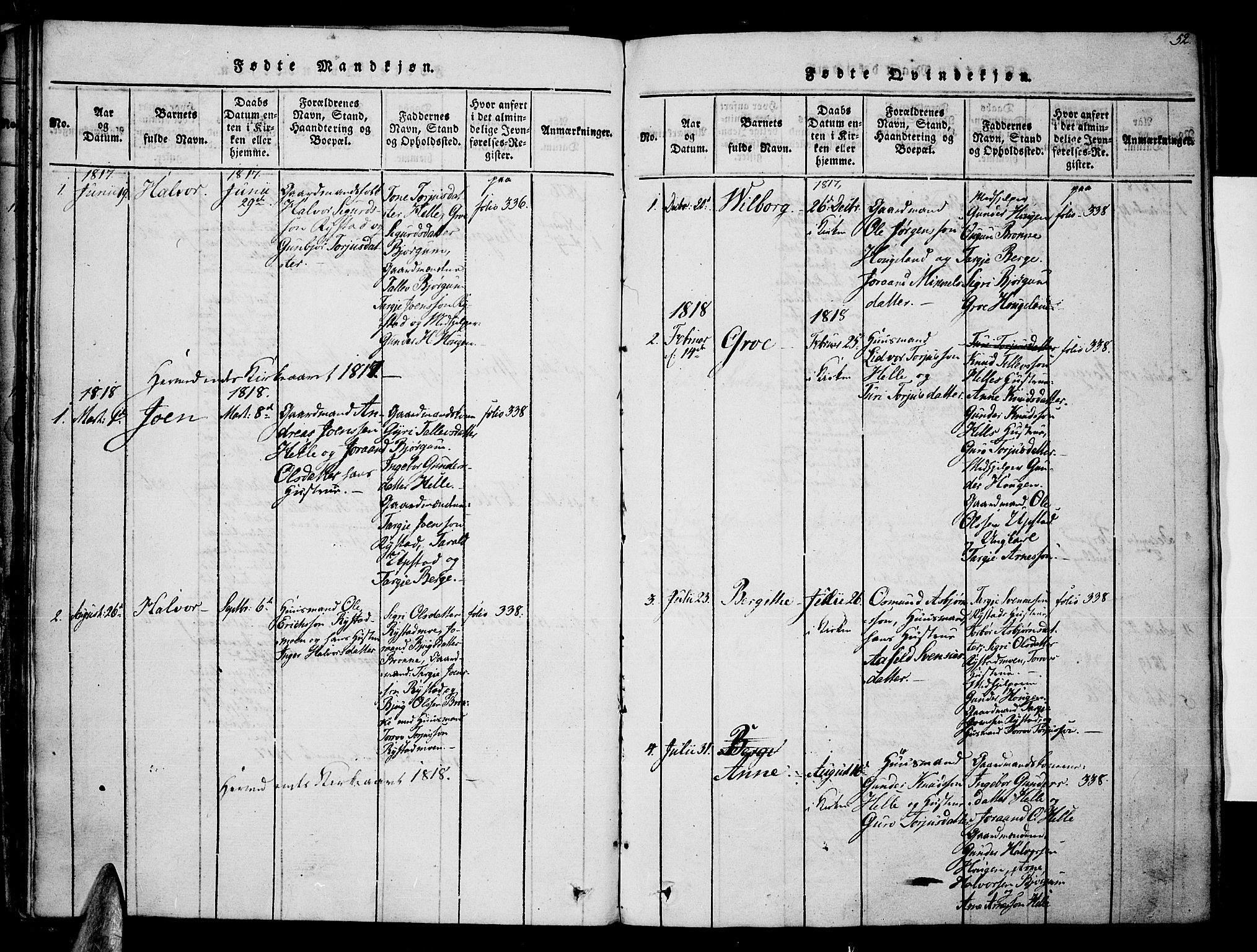 Valle sokneprestkontor, SAK/1111-0044/F/Fa/Fac/L0005: Ministerialbok nr. A 5 /2, 1817-1831, s. 52