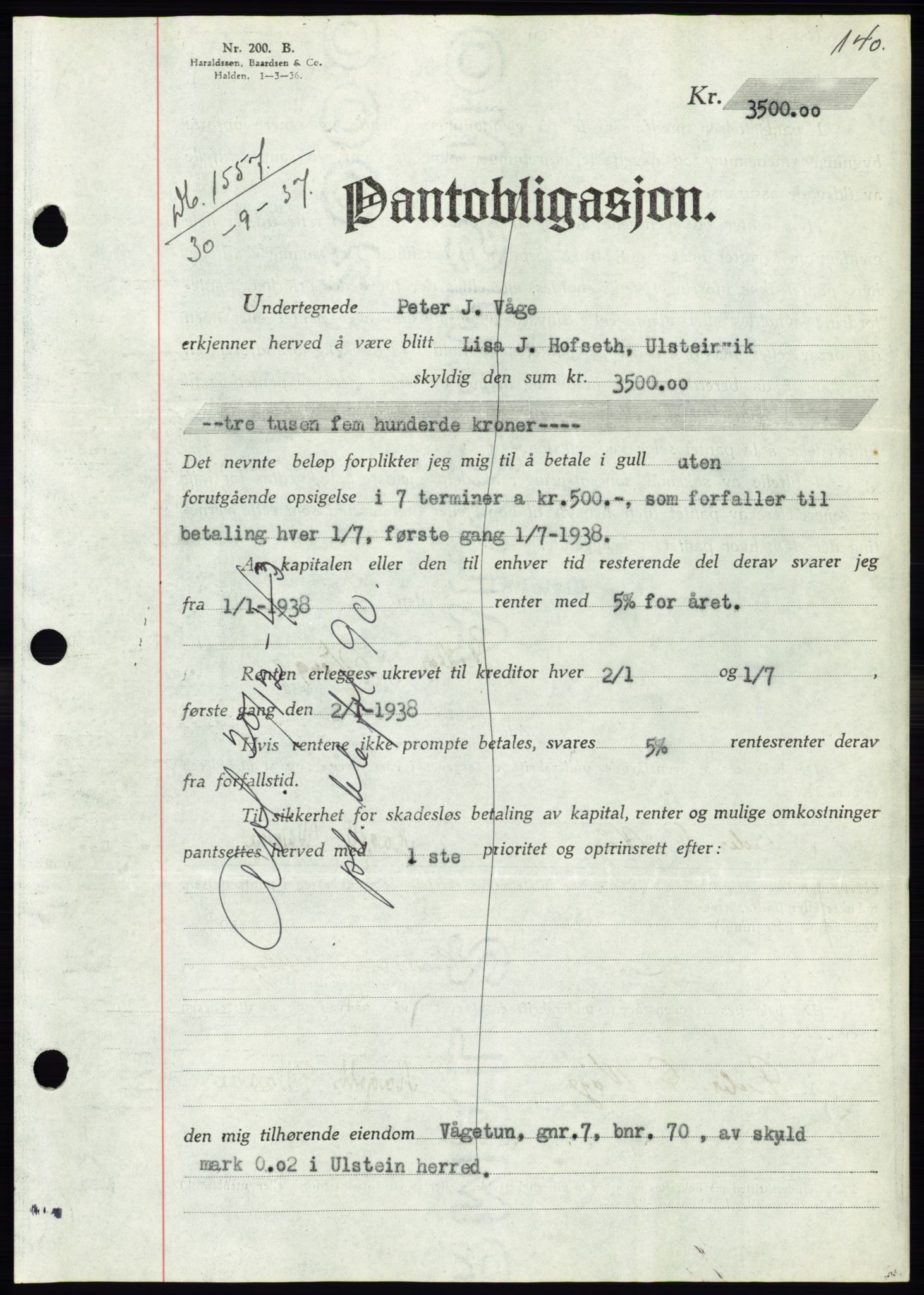 Søre Sunnmøre sorenskriveri, SAT/A-4122/1/2/2C/L0064: Pantebok nr. 58, 1937-1938, Dagboknr: 1557/1937