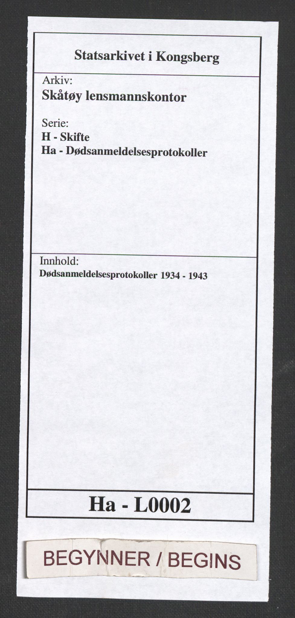 Skåtøy lensmannskontor, AV/SAKO-A-574/H/Ha/L0002: Dødsanmeldelsesprotokoller, 1934-1943