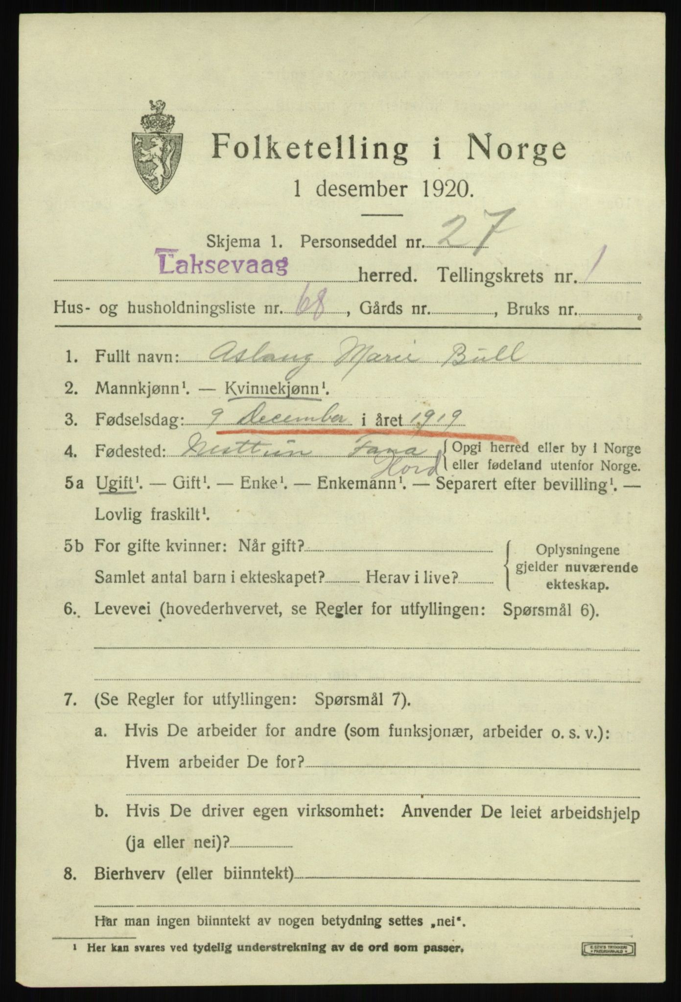 SAB, Folketelling 1920 for 1248 Laksevåg herred, 1920, s. 4744