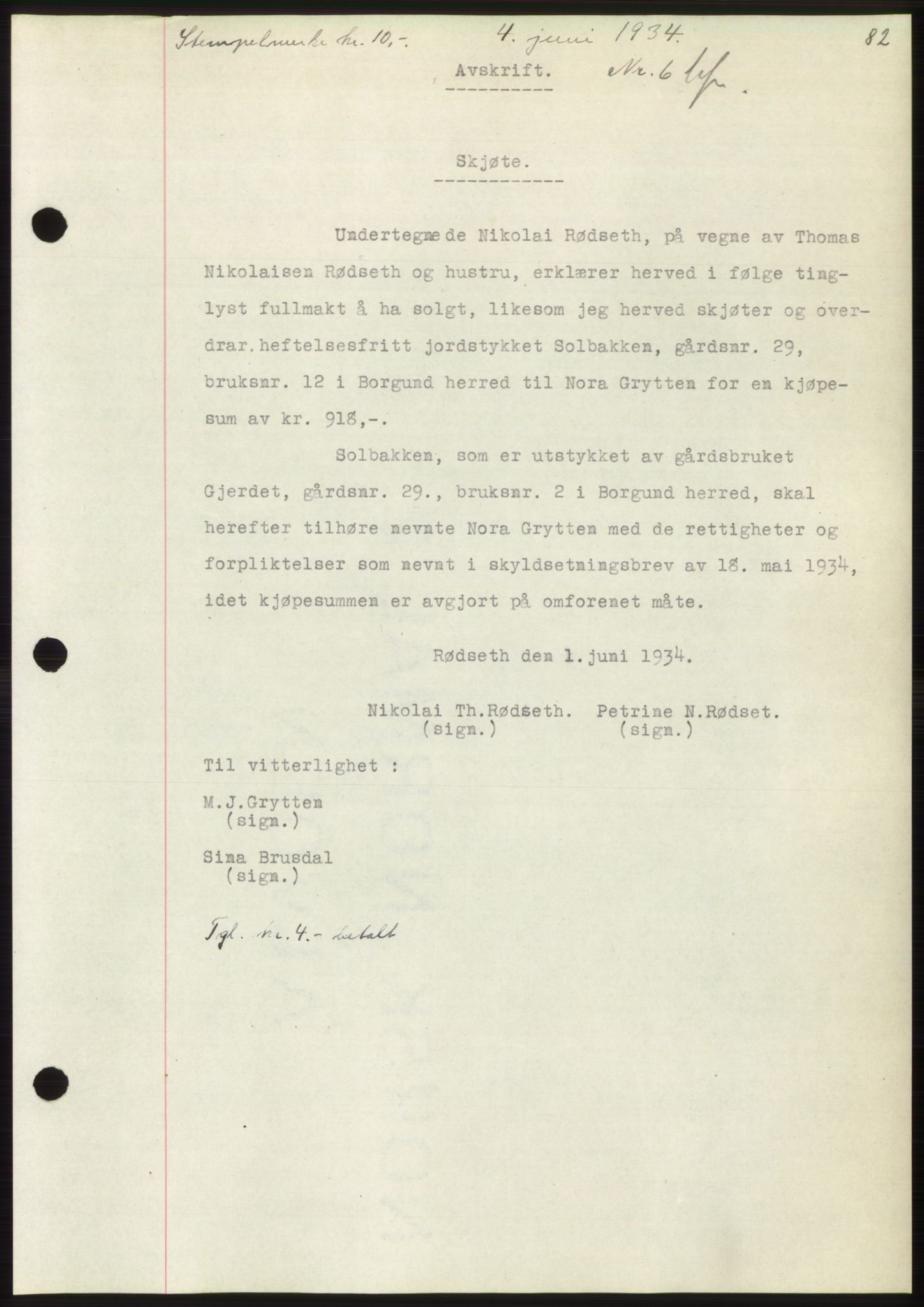 Nordre Sunnmøre sorenskriveri, SAT/A-0006/1/2/2C/2Ca/L0056: Pantebok nr. 56, 1934-1934, Tingl.dato: 04.06.1934