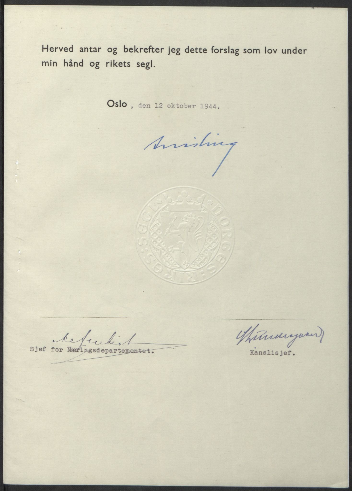 NS-administrasjonen 1940-1945 (Statsrådsekretariatet, de kommisariske statsråder mm), RA/S-4279/D/Db/L0100: Lover, 1944, s. 496
