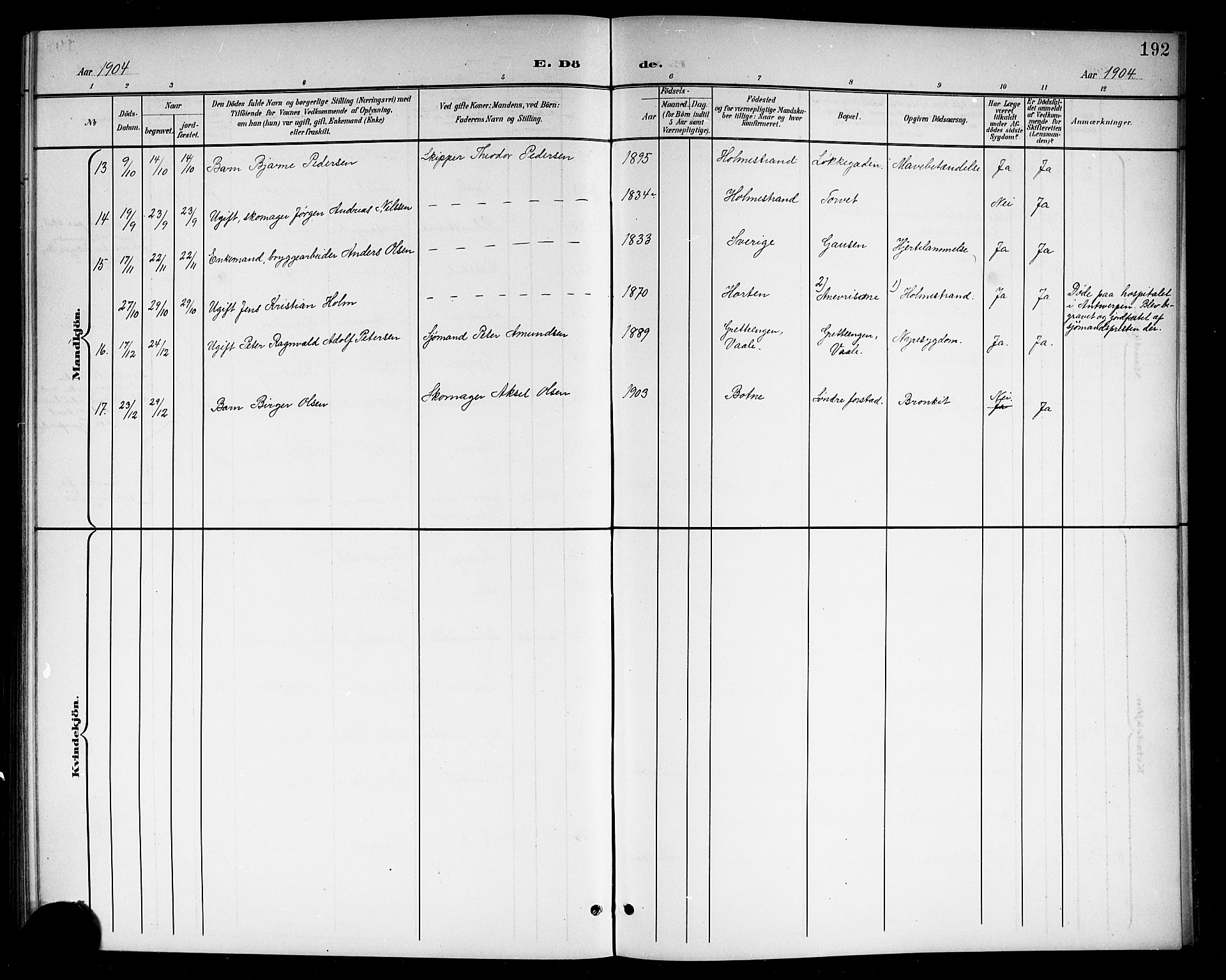 Holmestrand kirkebøker, AV/SAKO-A-346/G/Ga/L0006: Klokkerbok nr. 6, 1901-1923, s. 192