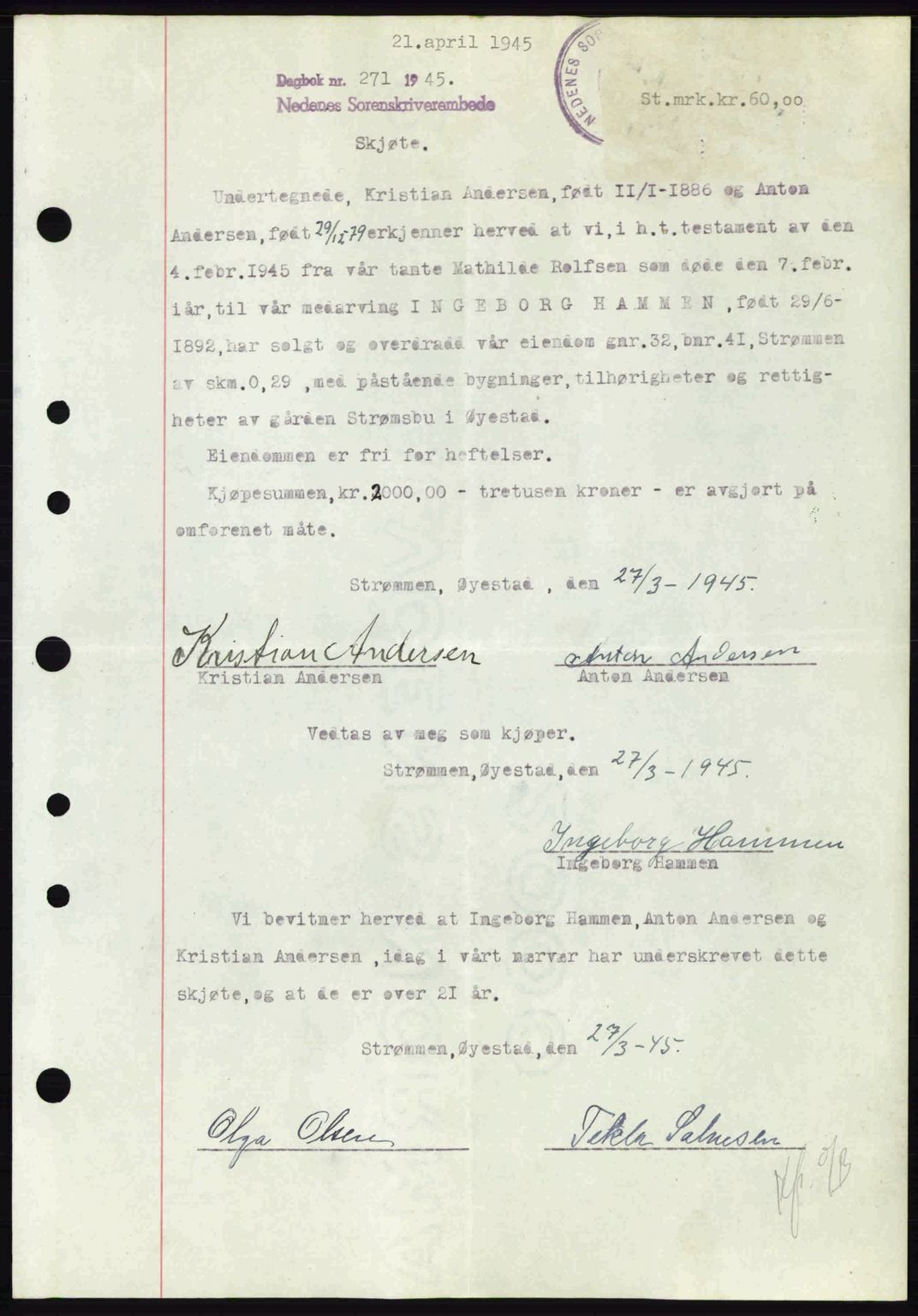 Nedenes sorenskriveri, SAK/1221-0006/G/Gb/Gba/L0052: Pantebok nr. A6a, 1944-1945, Dagboknr: 271/1945